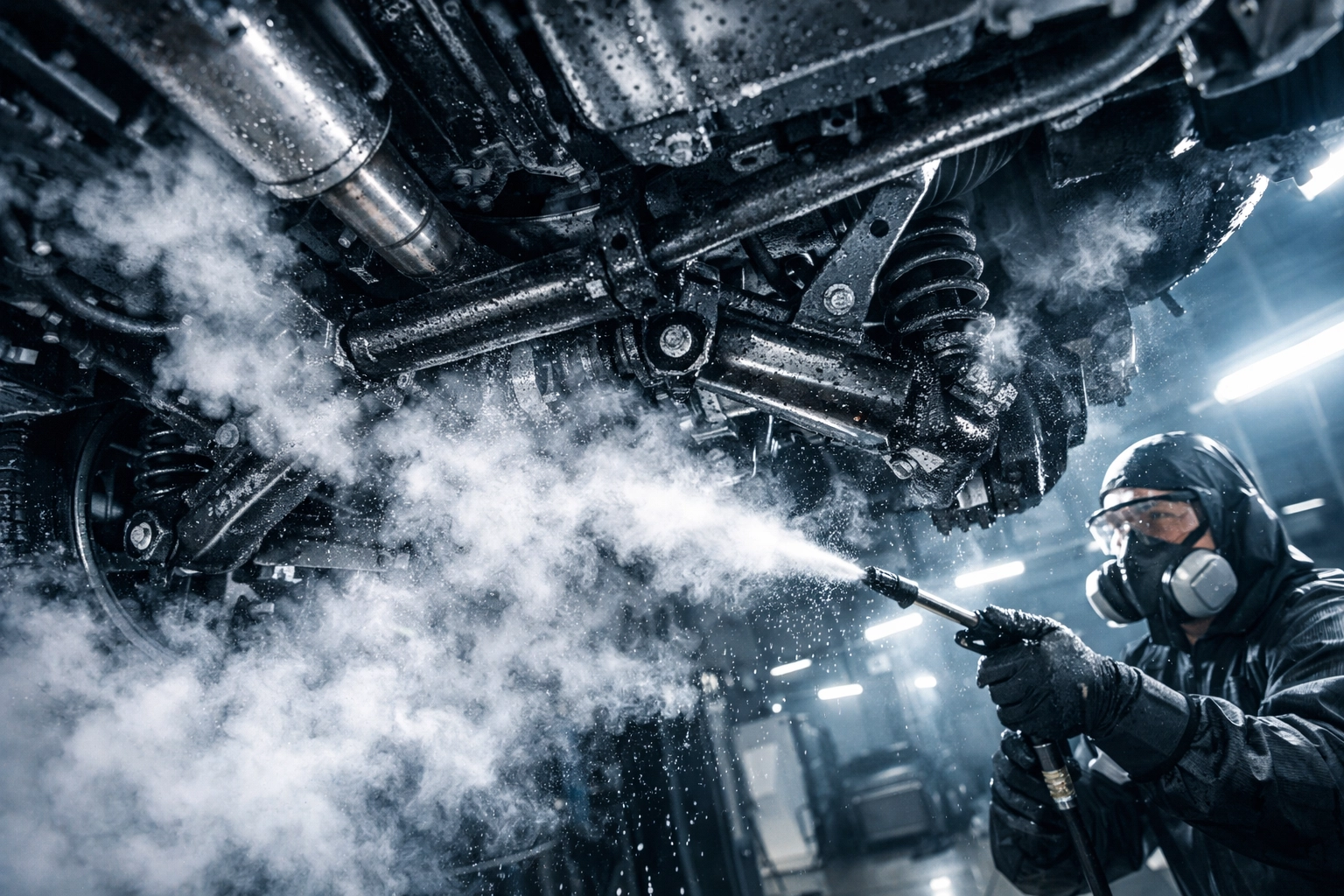 Thorough undercarriage steam clean to prepare a car chassis for professional rustproofing treatment.