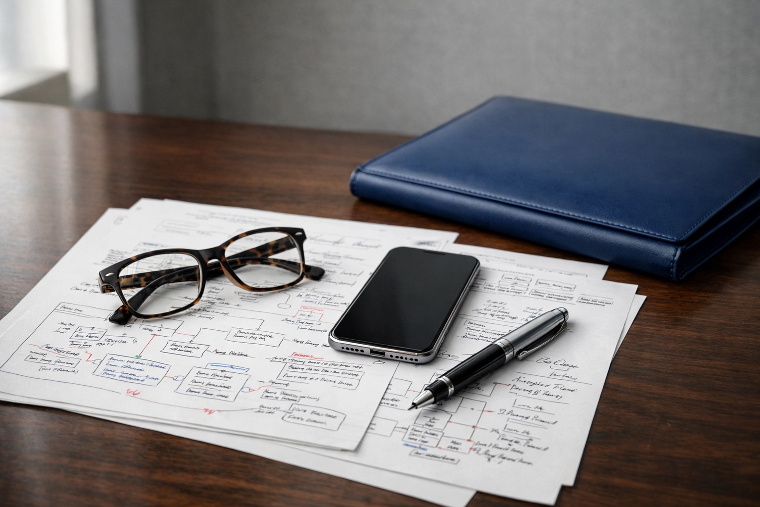Financial case architecture blueprints on a desk representing strategic wealth planning and back-office success.