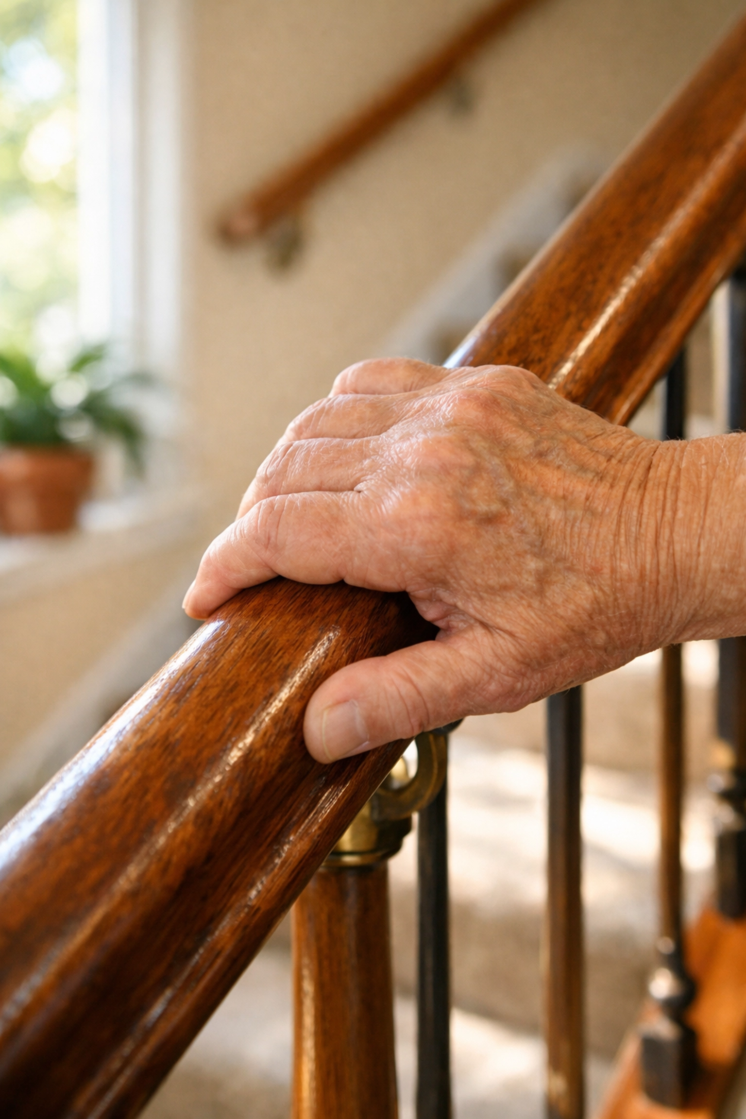 Senior's hand using a power grip on a sturdy wooden handrail for stair safety.