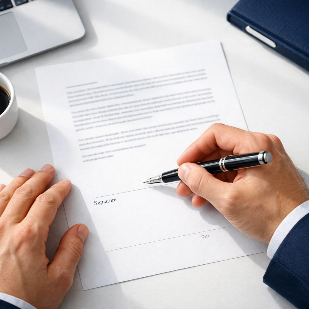 Paid tax preparer signing a document with a fountain pen to ensure PTIN signature compliance.