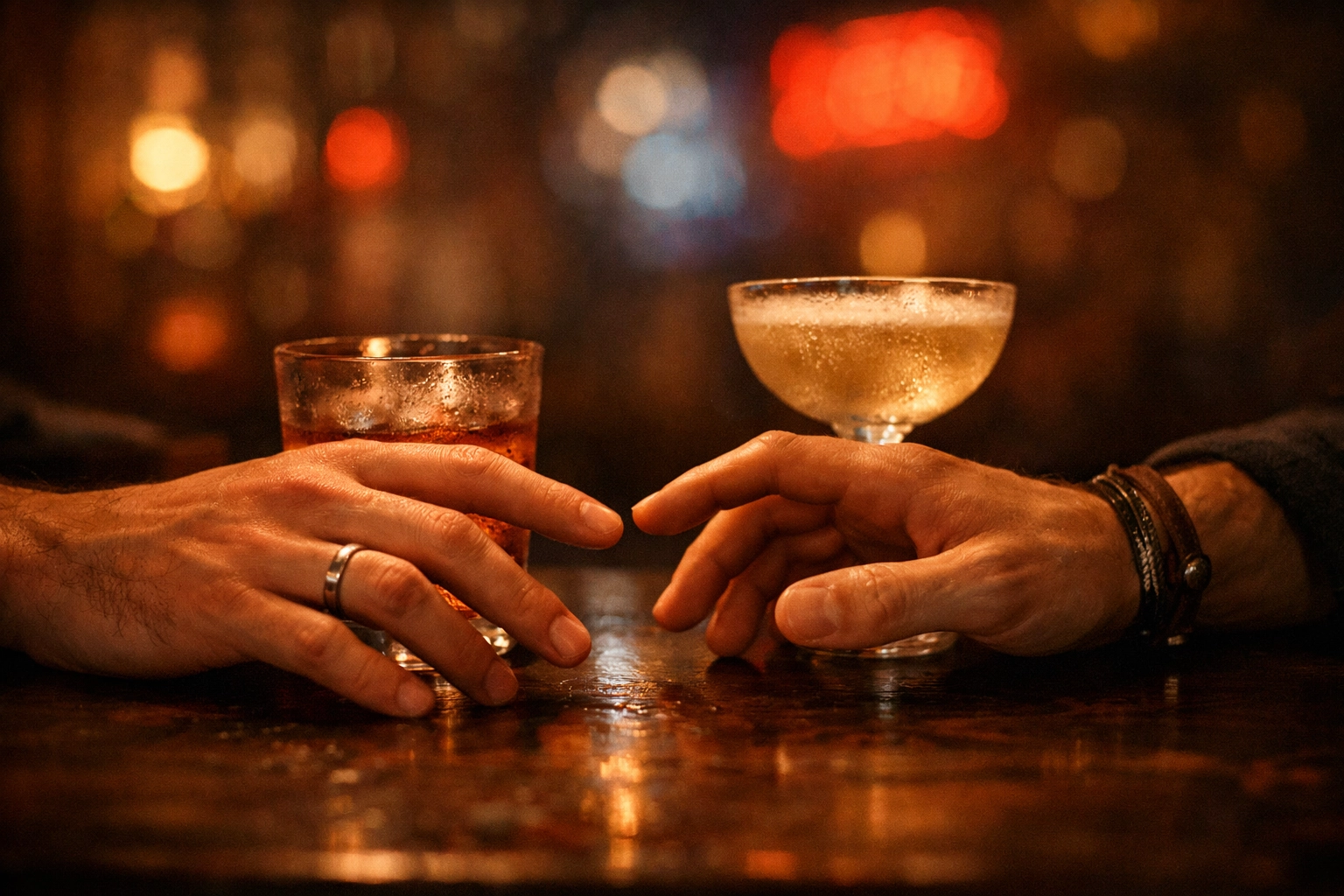Two men's hands nearly touching on bar surface depicting emotional connection in gay romance