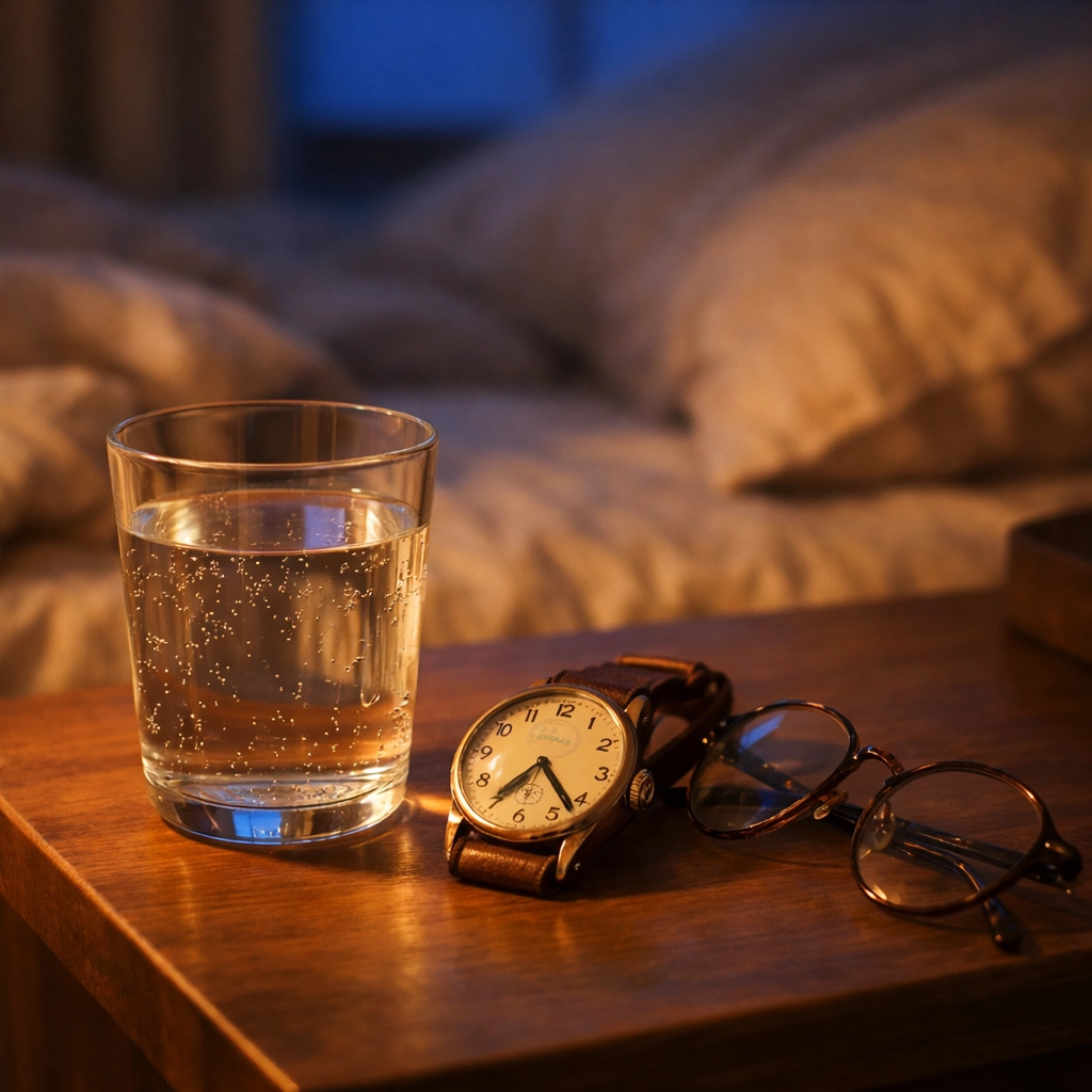 Éjjeliszekrény pohár vízzel, utalva a pihentető alvás és a férfias egészség szoros kapcsolatára.