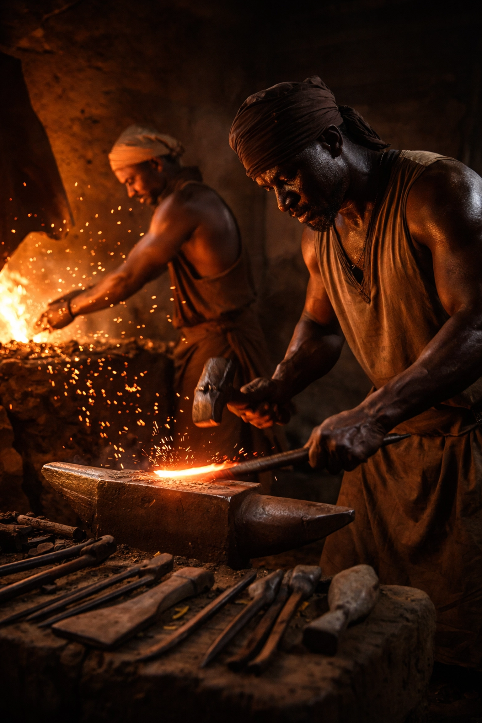 Black History Matters: 5 Pre-Slavery Facts That Prove Our Greatness Started Long Before America Ancient African blacksmiths forging iron tools with expert craftsmanship and glowing molten metal