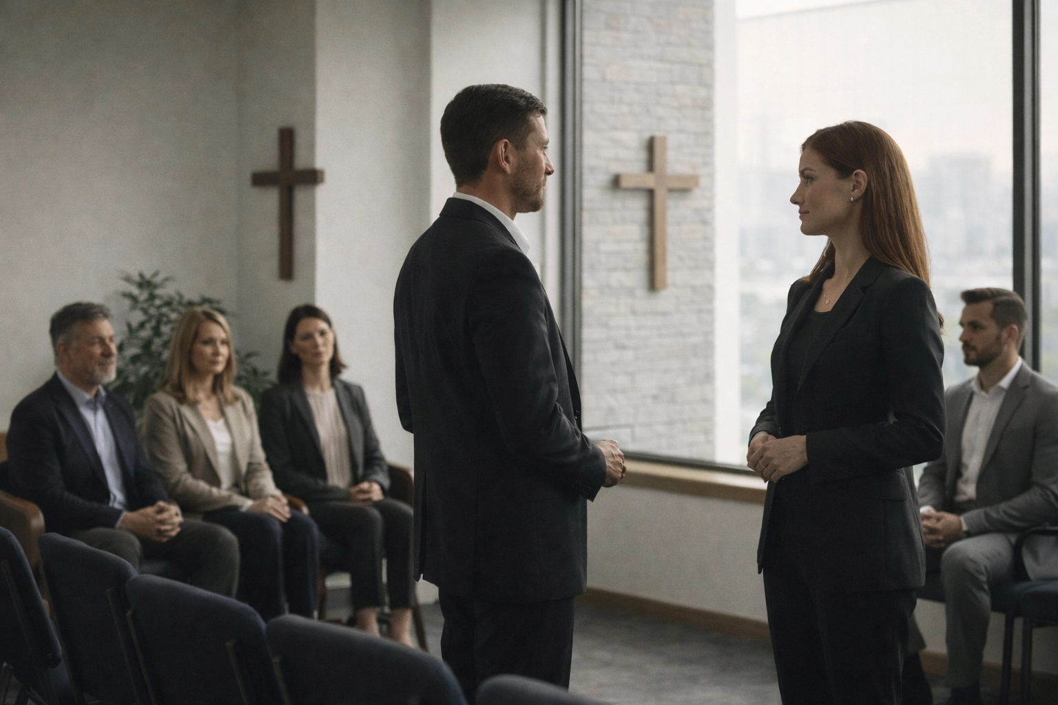 Christian CEO overlooking city with clarity and conviction at executive office window