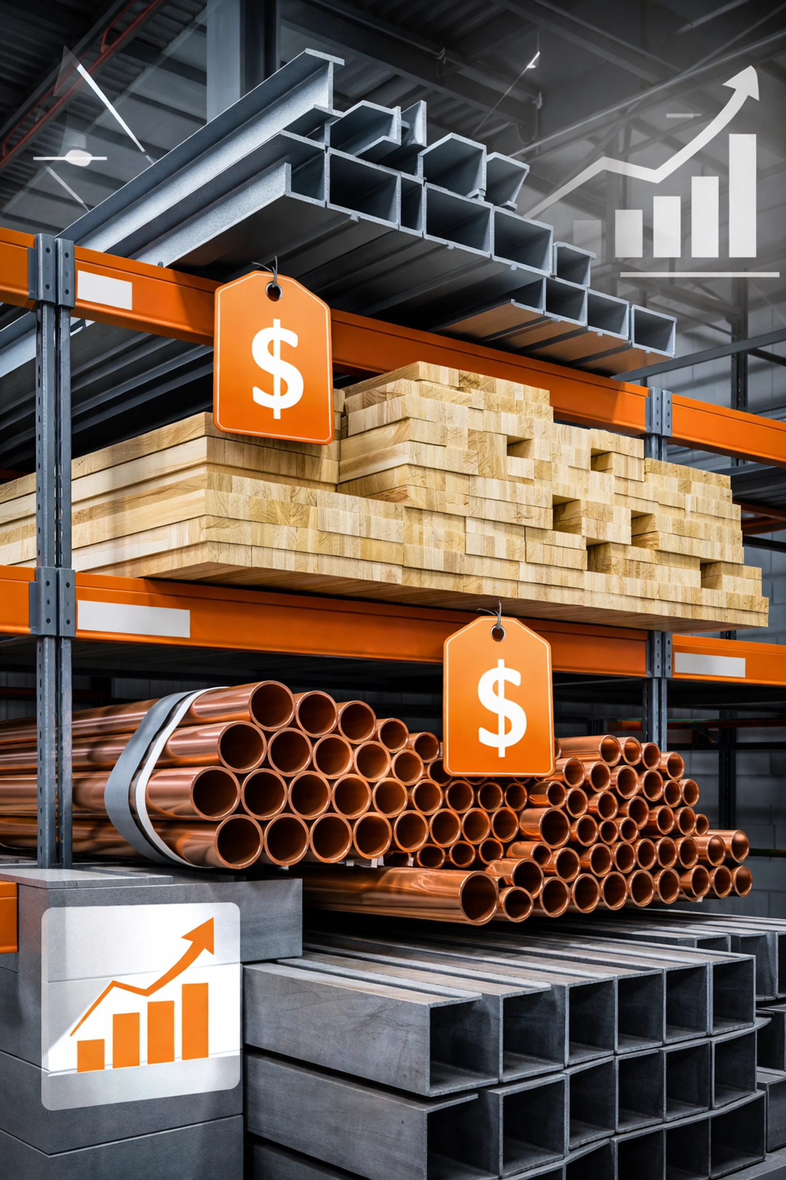 Organized stacks of steel beams, lumber, and copper piping in a warehouse illustrate strategic procurement and material cost control in Bay Area construction.