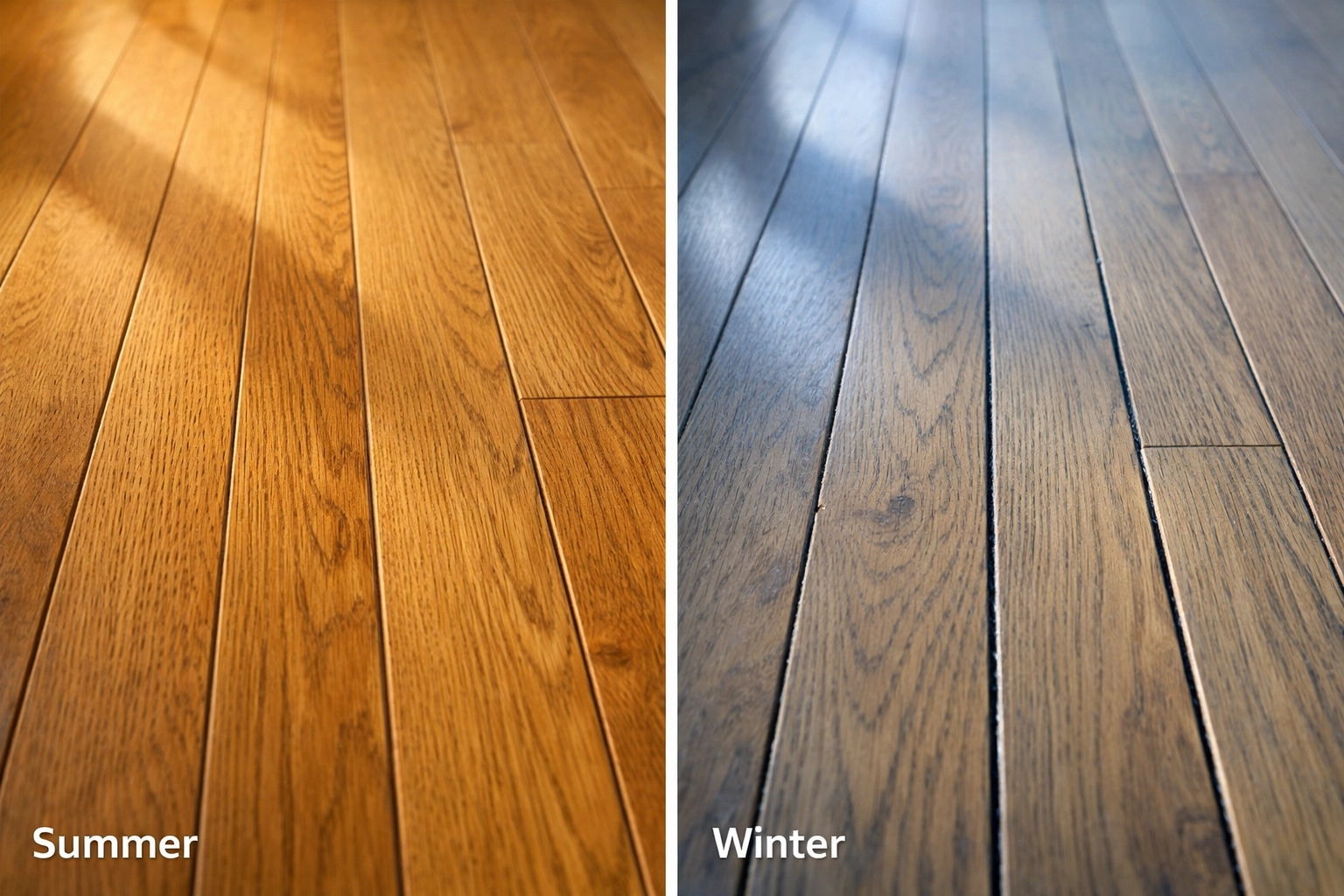 Seasonal hardwood floor gaps comparison showing summer vs winter humidity effects