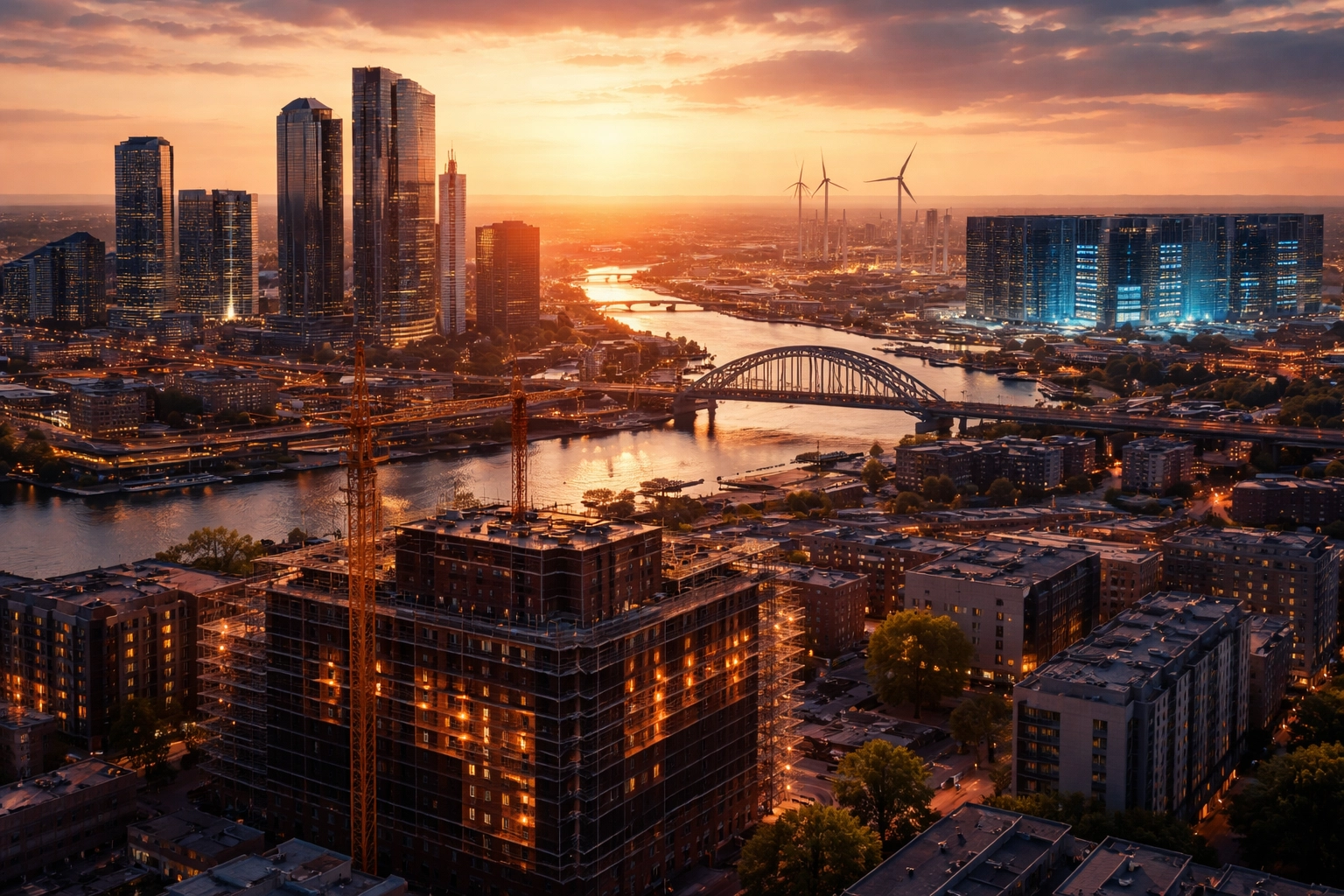 Aerial view of a diverse cityscape at sunset illustrating alternative investments like real estate, infrastructure, and digital assets.
