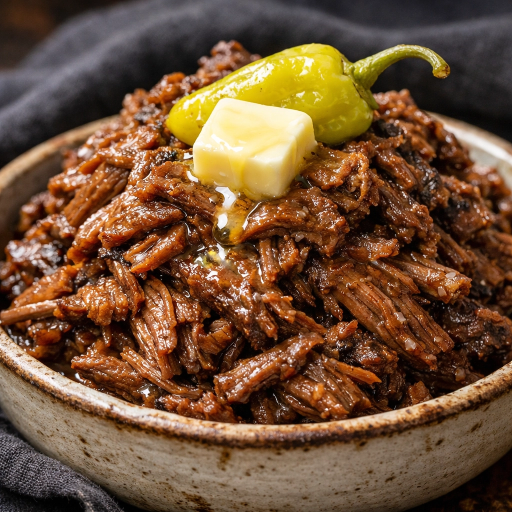 Tender shredded Mississippi beef roast topped with a pepperoncini, an easy slow cooker 5-ingredient dinner.