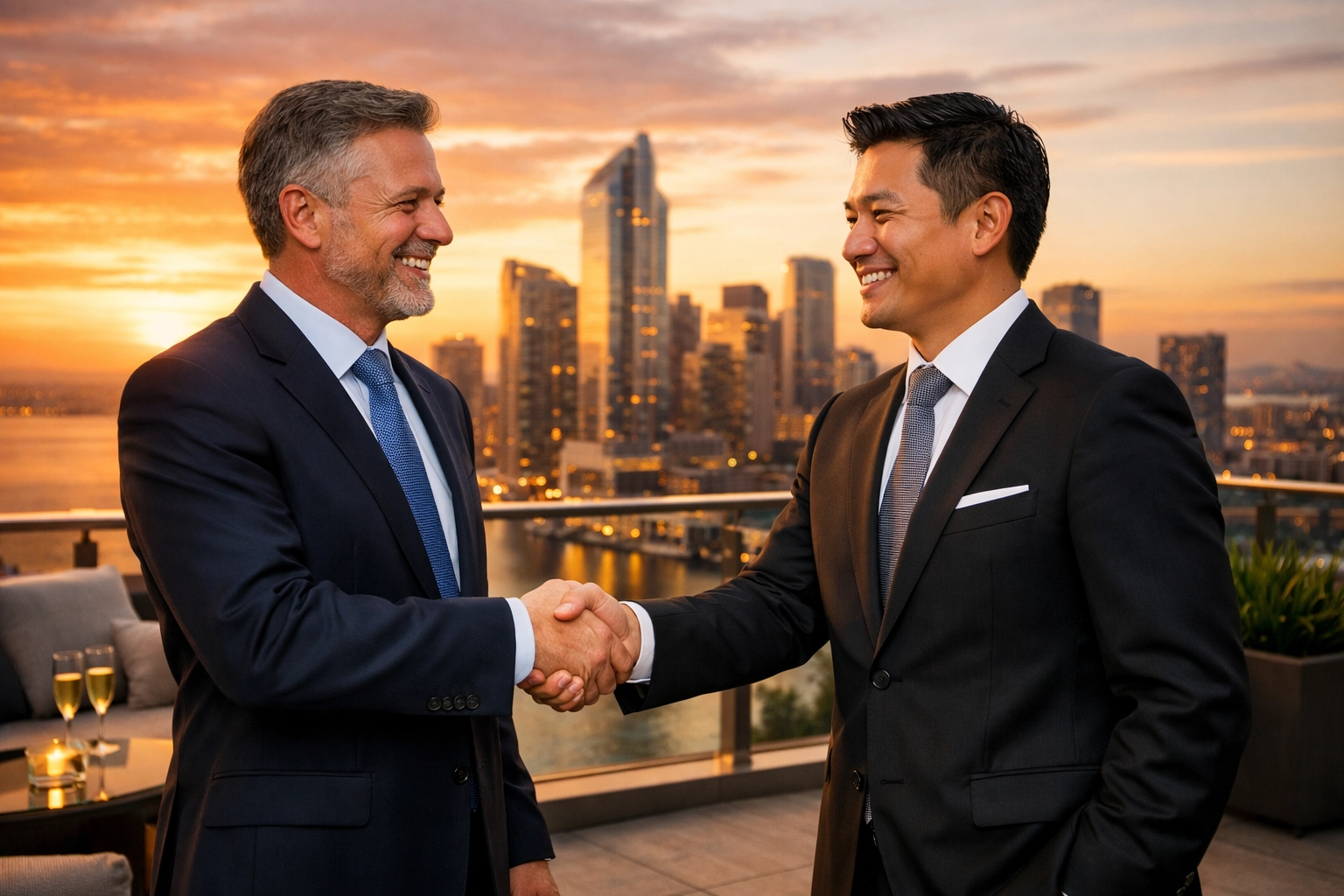 Business executives closing a deal with a handshake on a luxury rooftop, maximizing Super Bowl networking ROI.