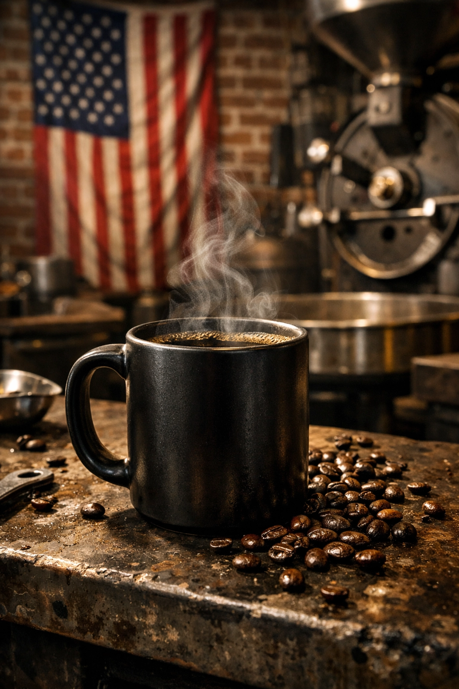 Steaming mug of clean coffee at the Peacemaker Coffee Company roasting facility in Toledo.