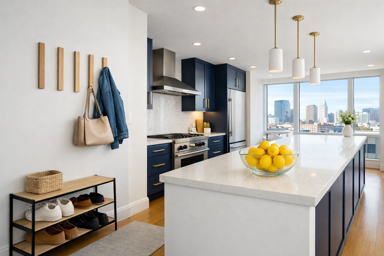 Clean Boston apartment kitchen and entryway showing professional organization and cleanliness.