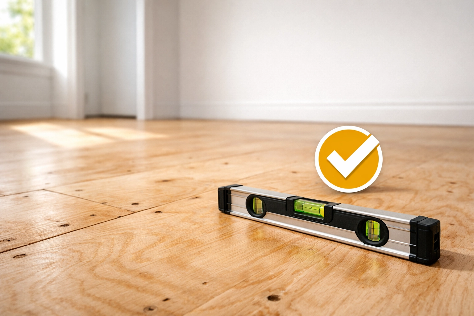 A level plywood subfloor prepared for hardwood flooring installation in a modern Chicago residence.