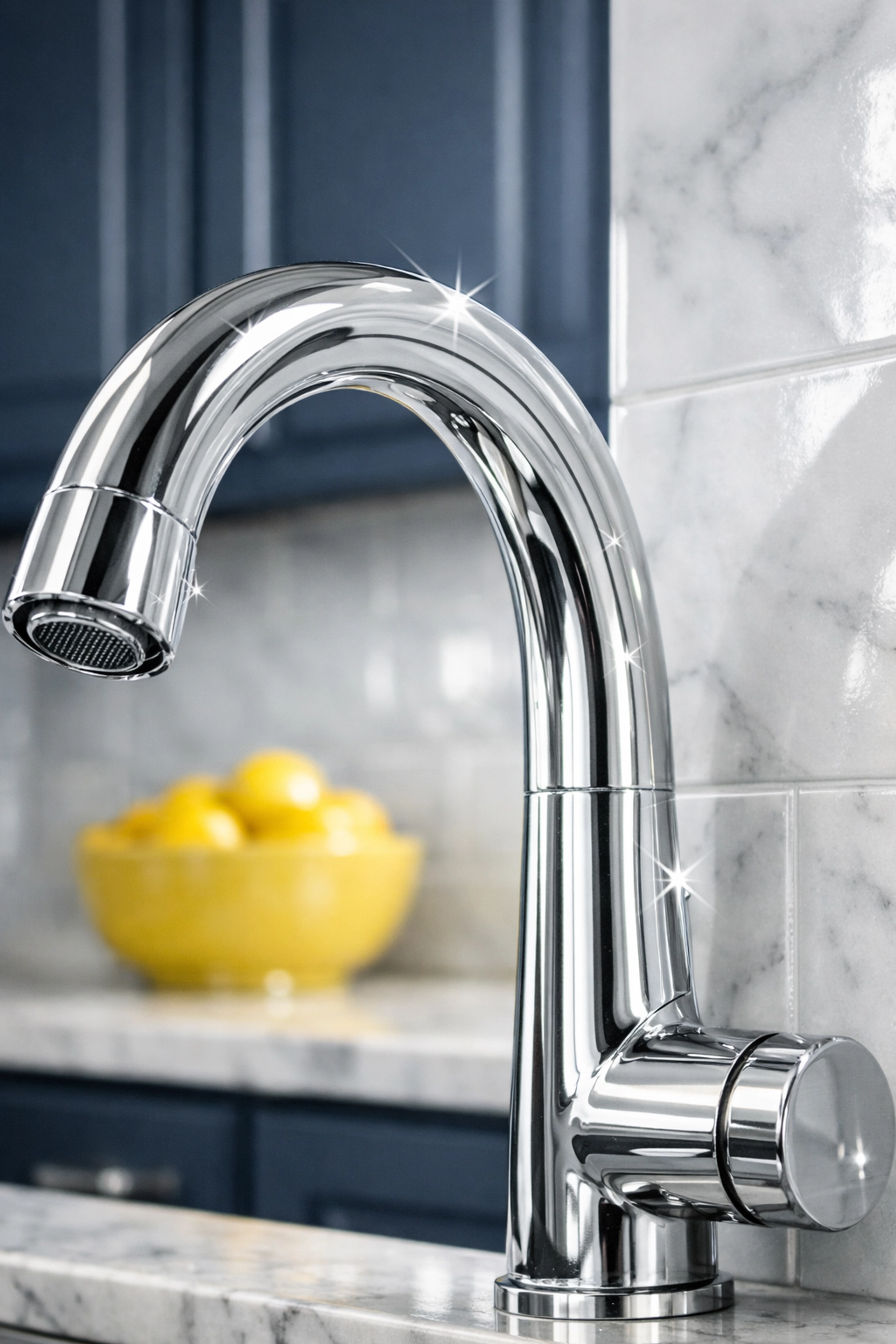 Sparkling clean kitchen faucet and marble backsplash following a professional deep cleaning Worcester session.