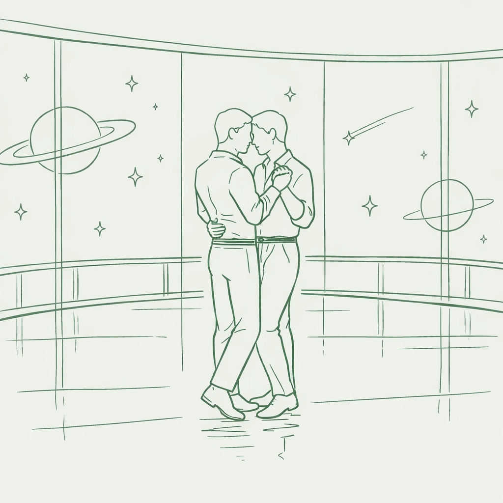 Gay romance at Captain's Ball: two men dancing in transparent space ballroom among the stars