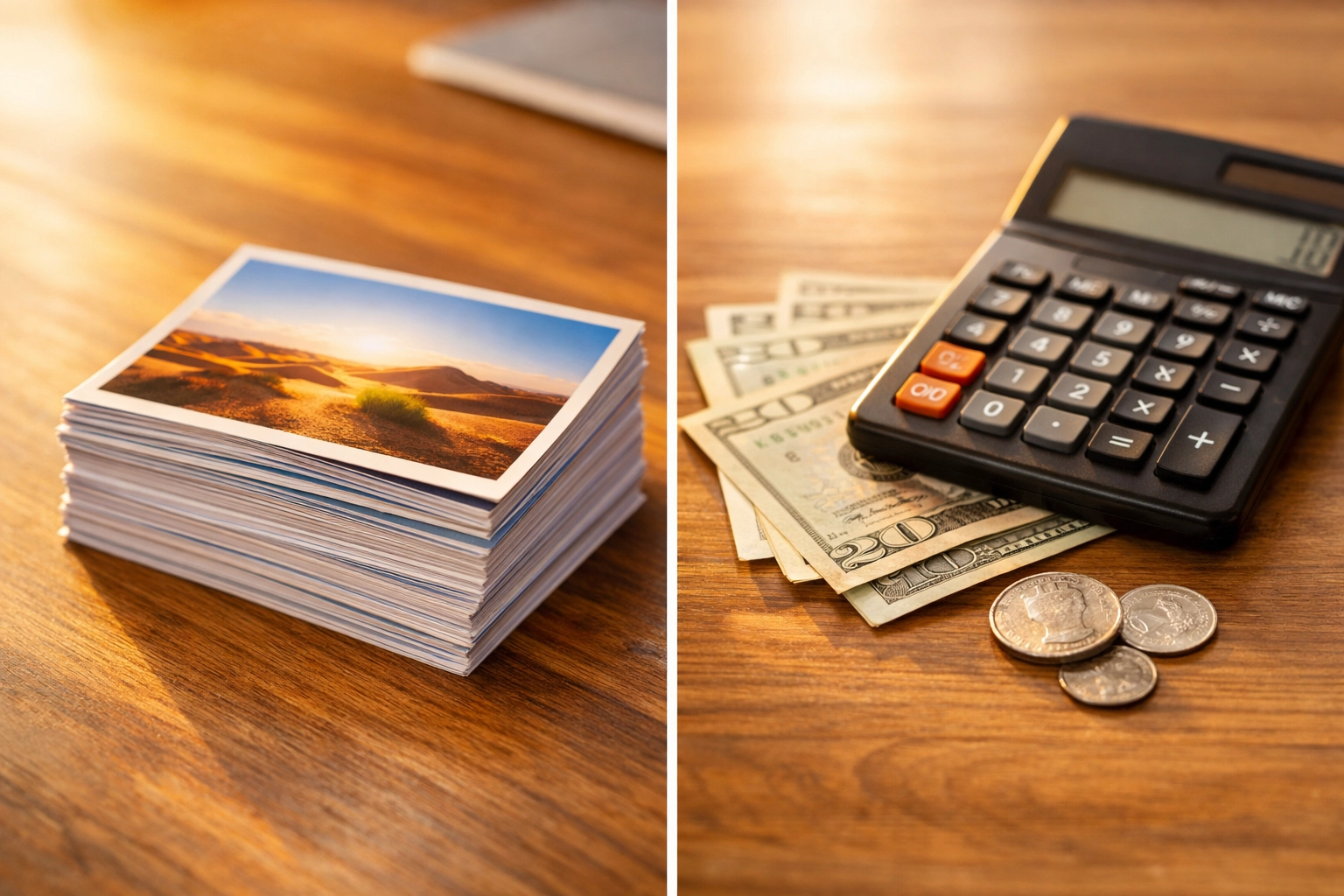 Stack of marketing postcards next to calculator showing affordable postcard marketing costs