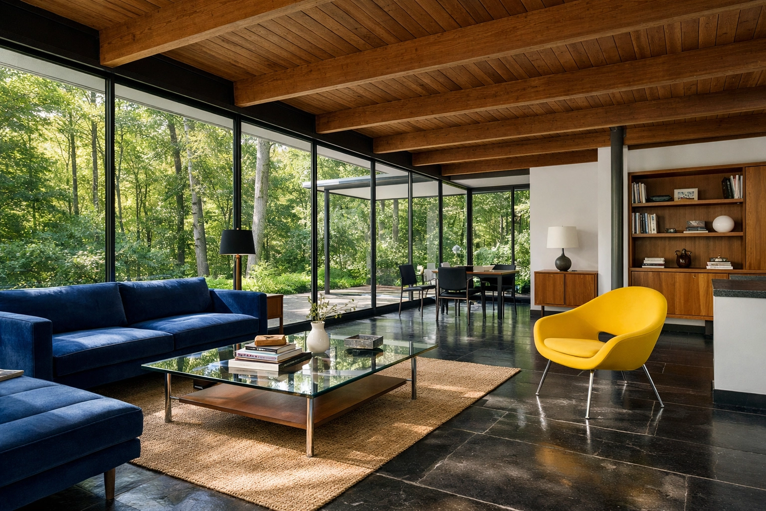 Expert luxury house cleaning in Lincoln for a Mid-Century Modern living room with slate floors.