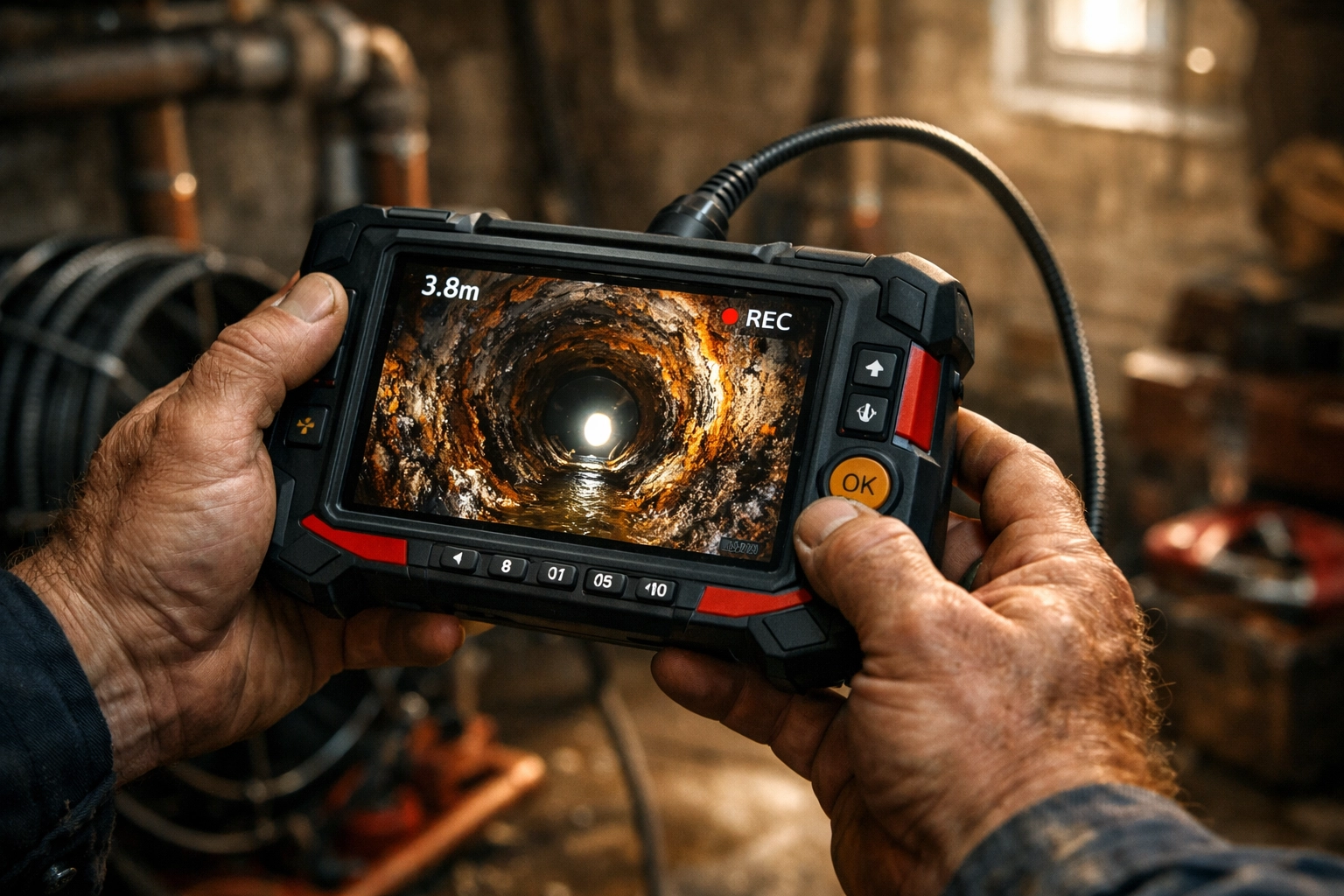 Expert local plumber using a high-tech digital pipe inspection camera to diagnose residential plumbing issues.