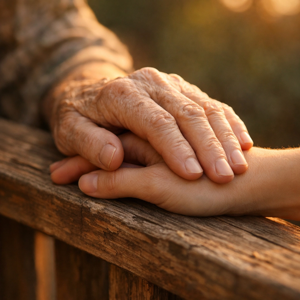 Close-up of an elderly hand on an adult child’s hand, symbolizing the protection of a burial insurance legacy.