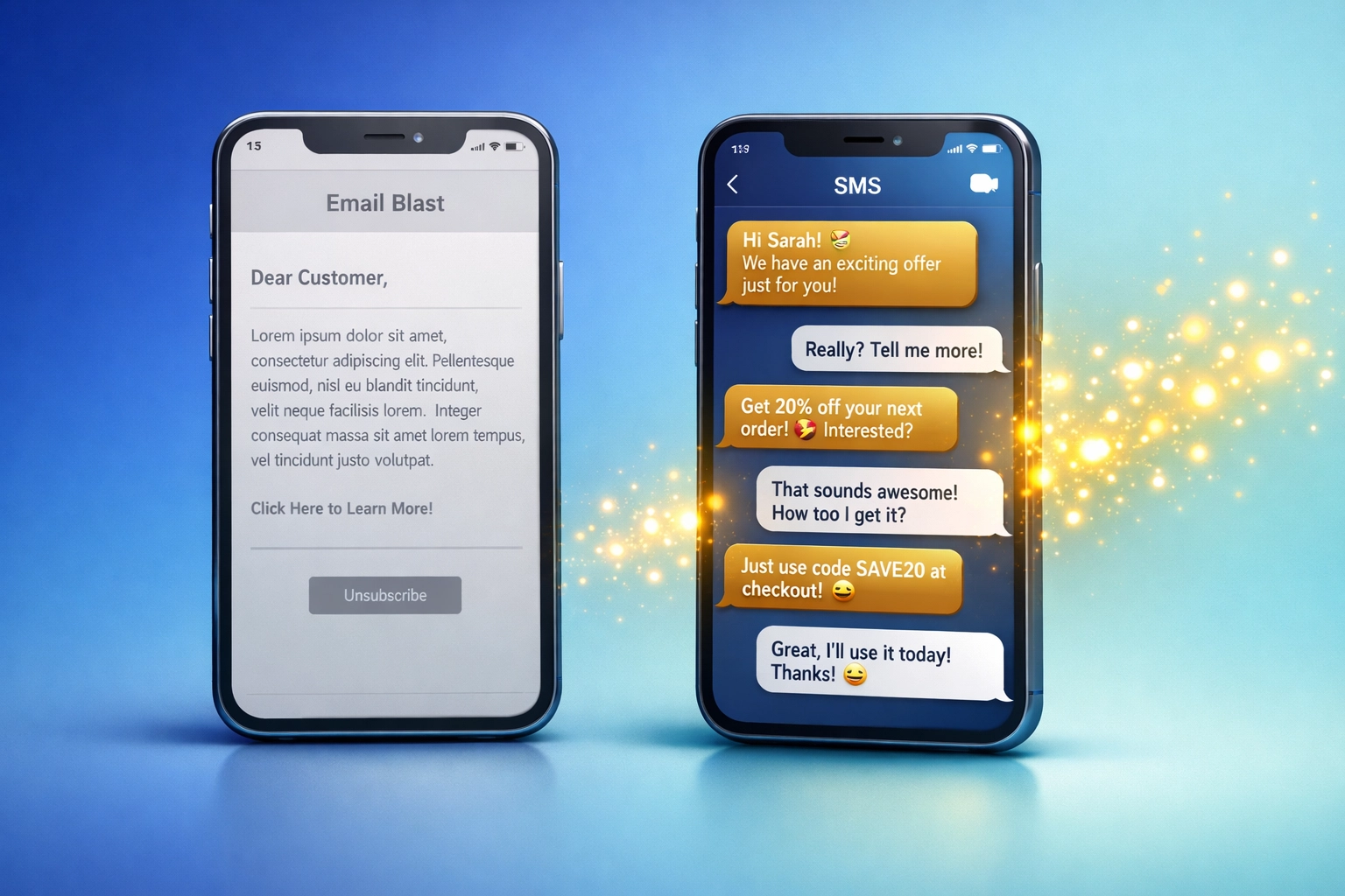 Side-by-side comparison of generic email drip campaign versus personalized AI SMS lead conversation
