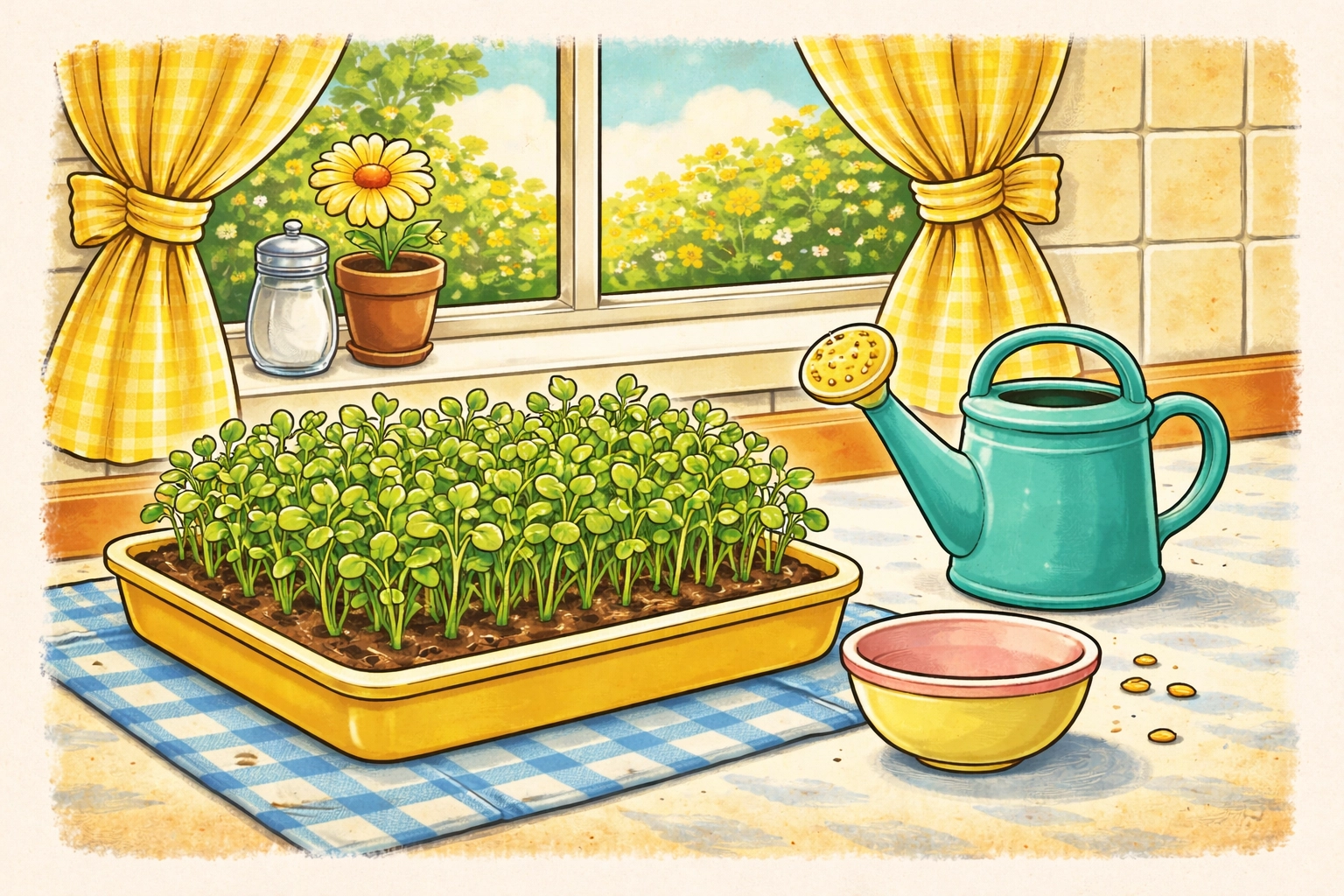 A kitchen windowsill with a tray of microgreens and simple watering supplies, whimsical 1950s hand-drawn storybook style
