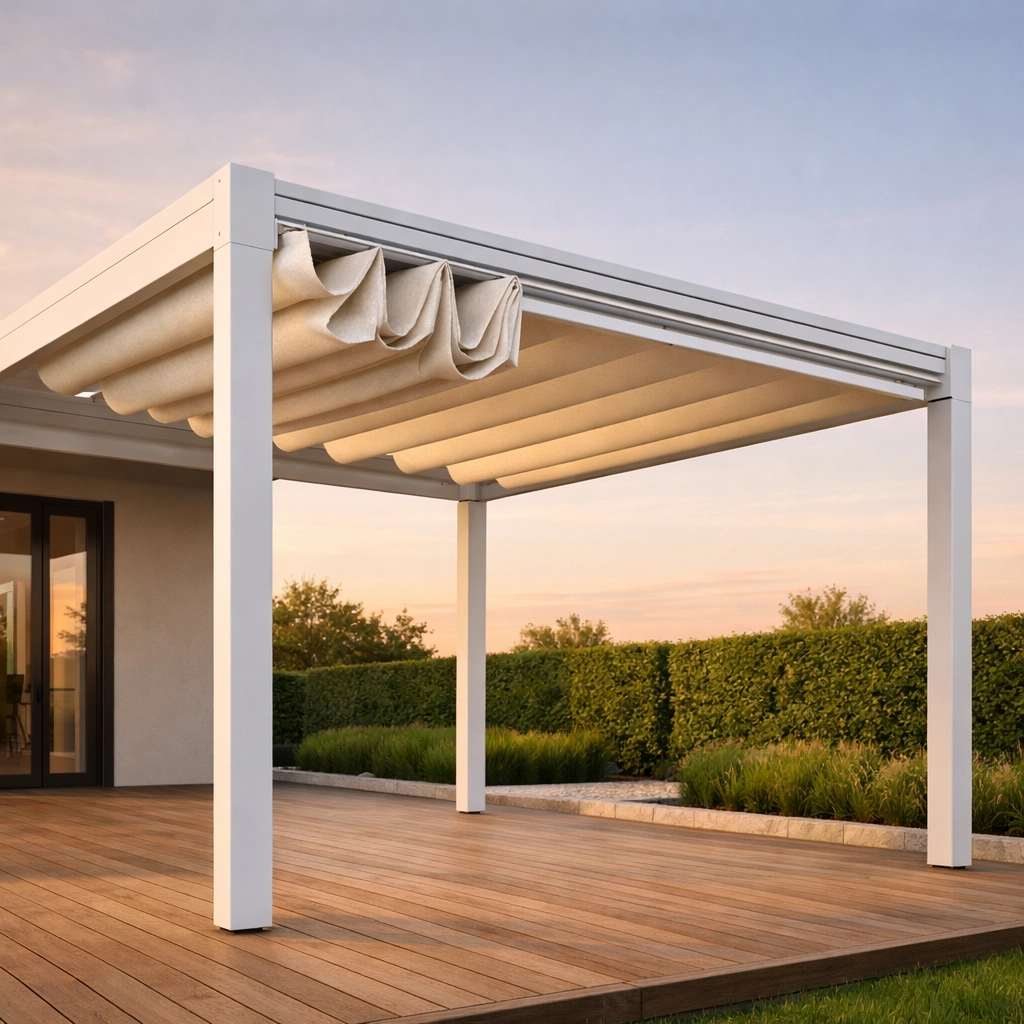 Weiße Pergola Wien mit Faltdach aus Stoff als moderner Sonnenschutz auf einer Holzterrasse.