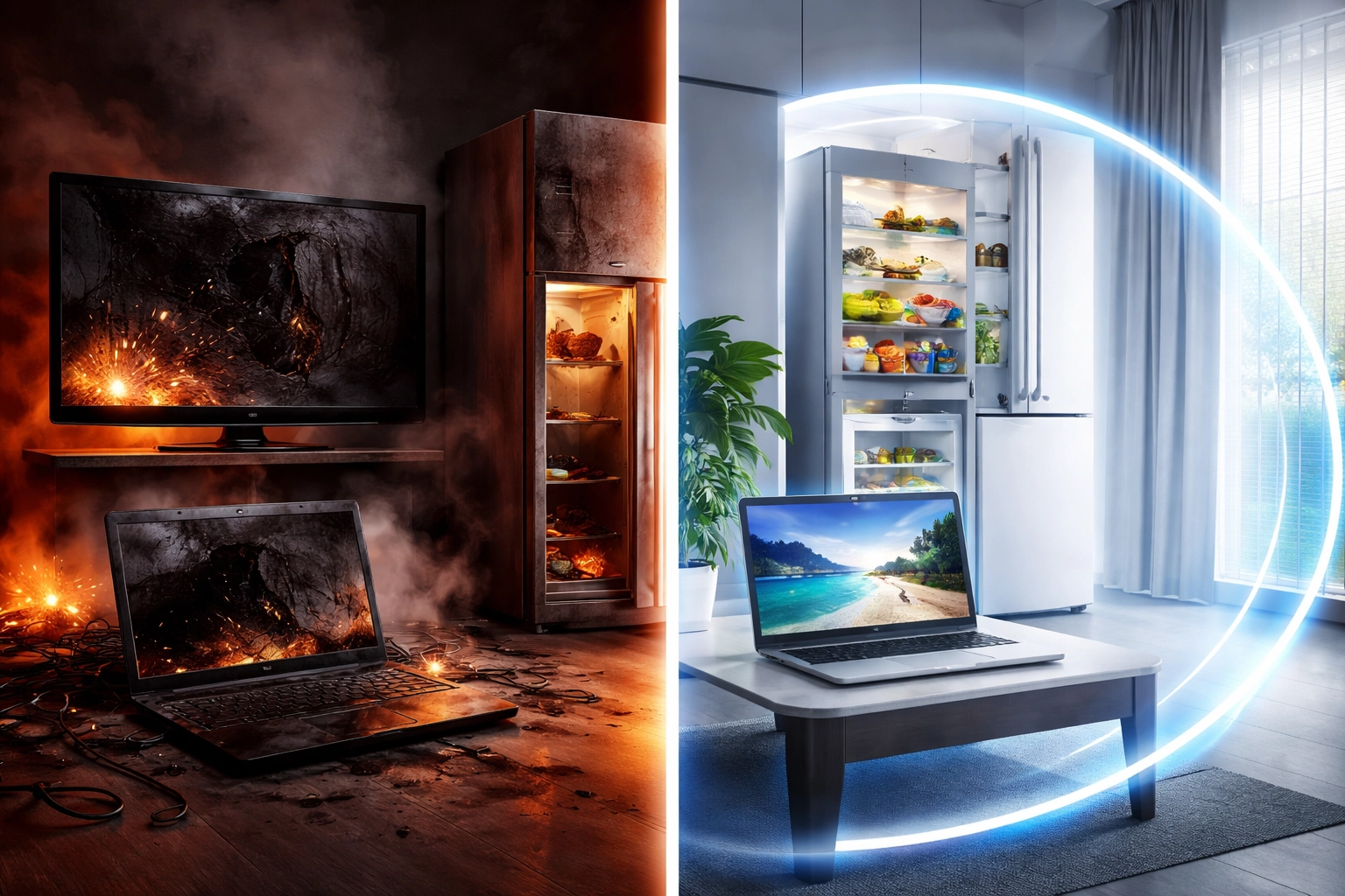 Comparison of surge-damaged electronics versus protected home appliances
