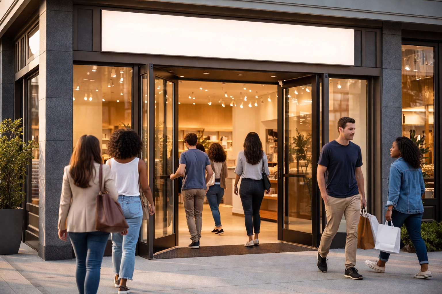Modern retail storefront with customers entering, illustrating general liability insurance coverage for business premises.