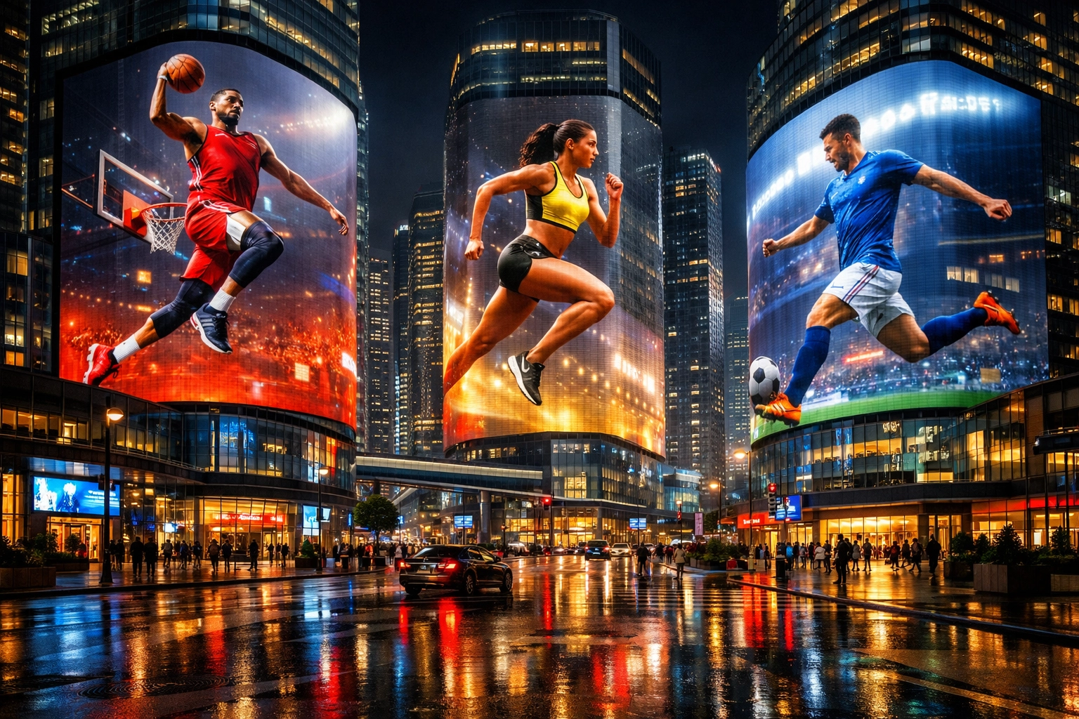 Large digital athlete displays on urban skyscrapers showing the future of programmatic sports DOOH.