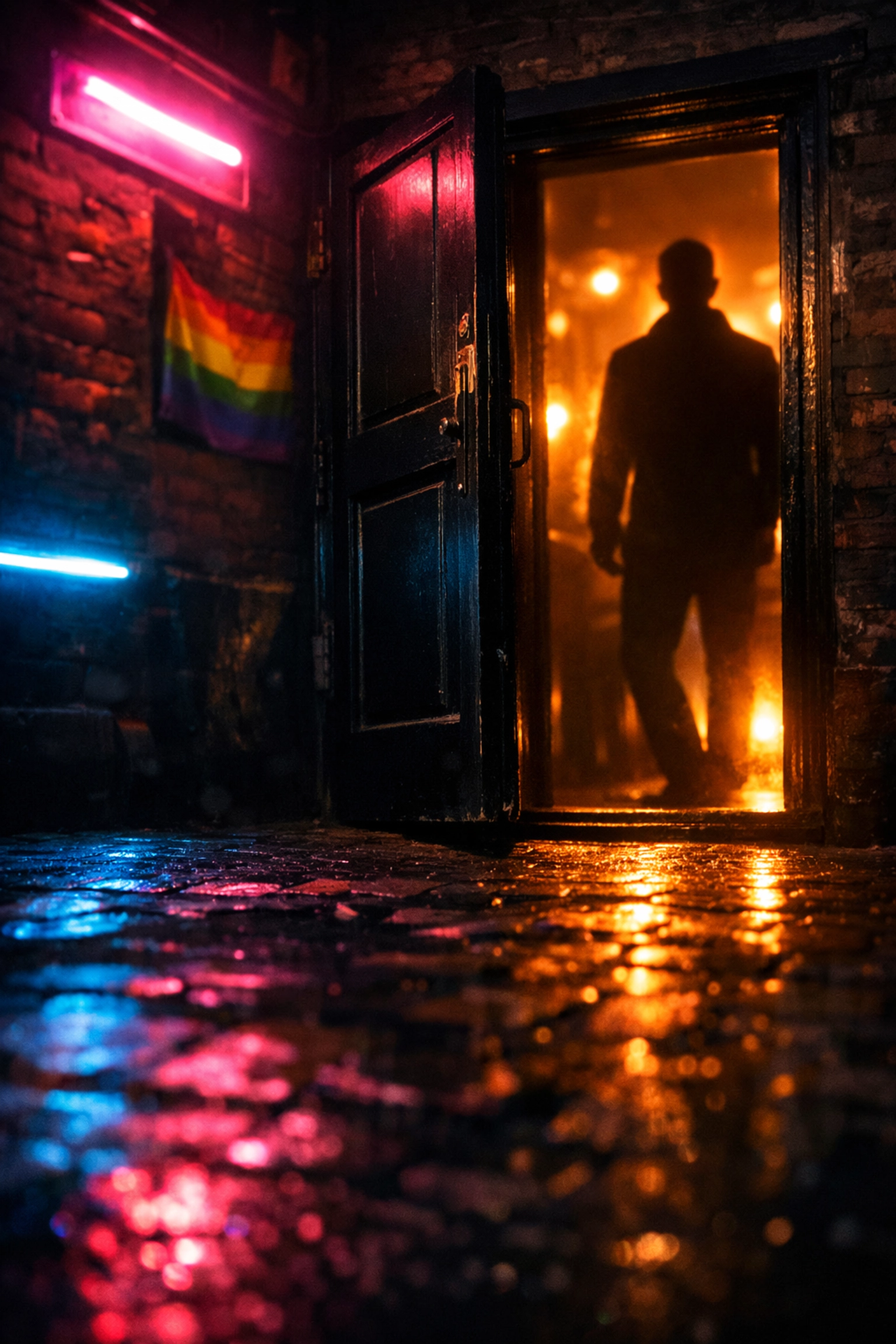 Dimly lit gay bar entrance at night with neon lights and welcoming silhouette