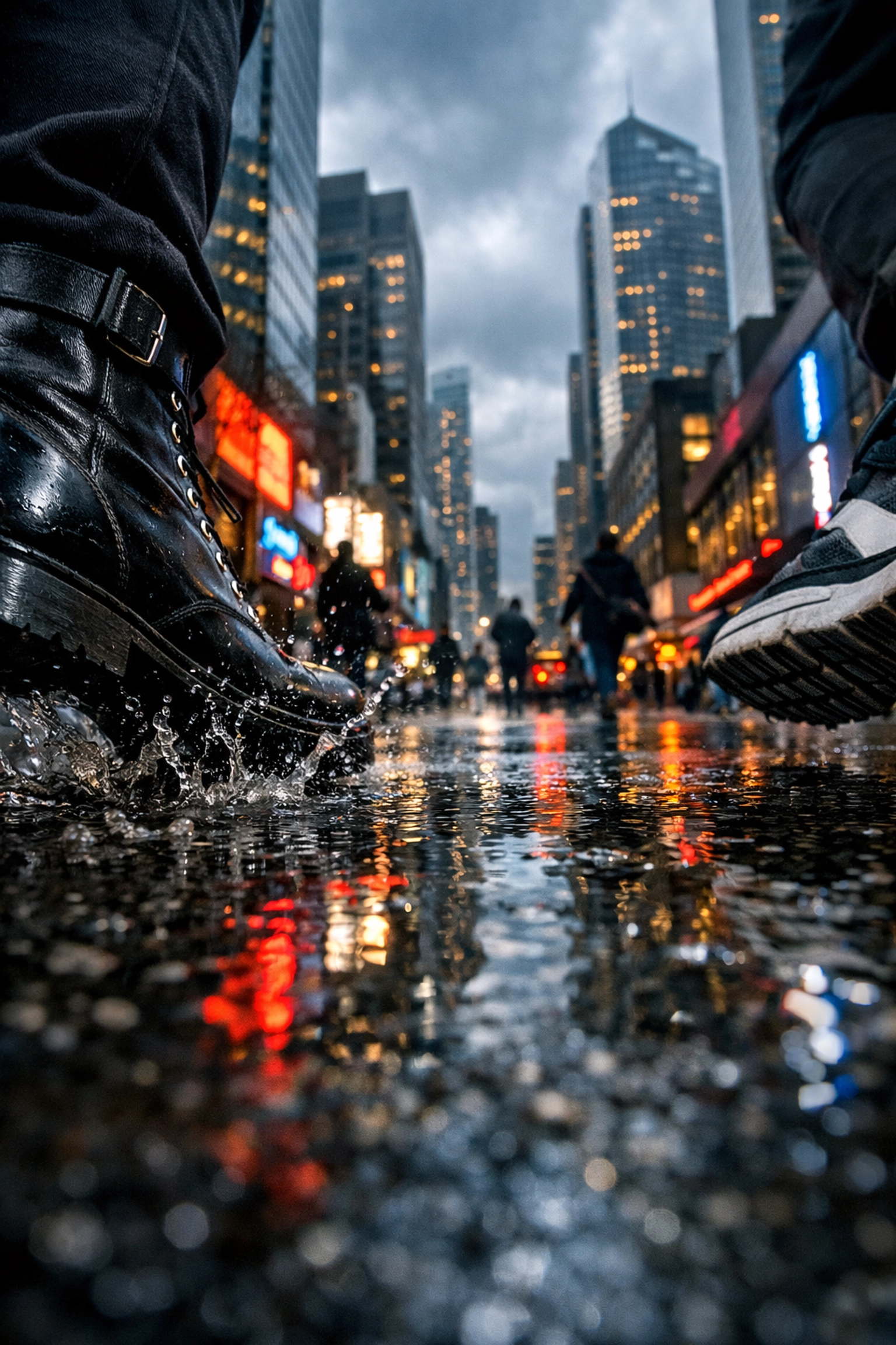 Creative ground level street photography showing shoes and reflections on a wet city street for a unique perspective.