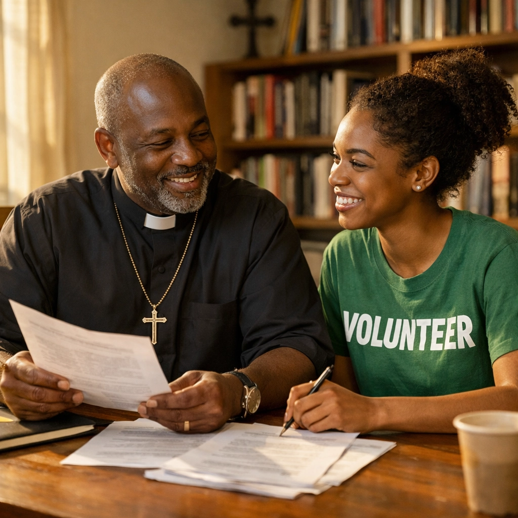 Church leader and volunteer collaborating on GSC platform setup with personalized support