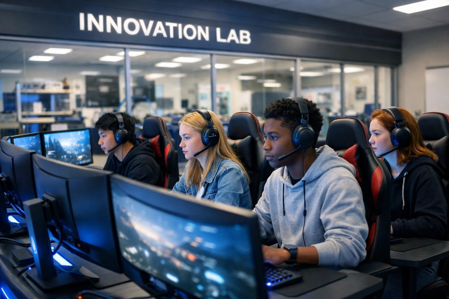 High school students using professional esports learning pods for simulation-based career training and skill development.