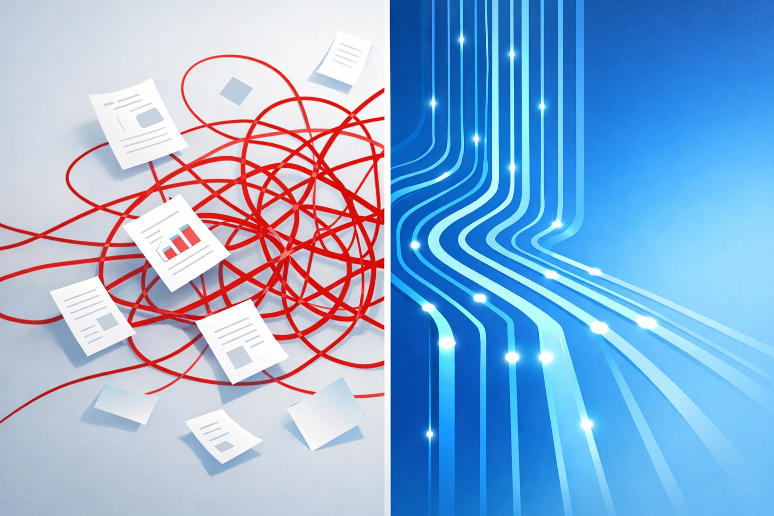 Comparison showing transformation from manual chaos to automated workflows for businesses