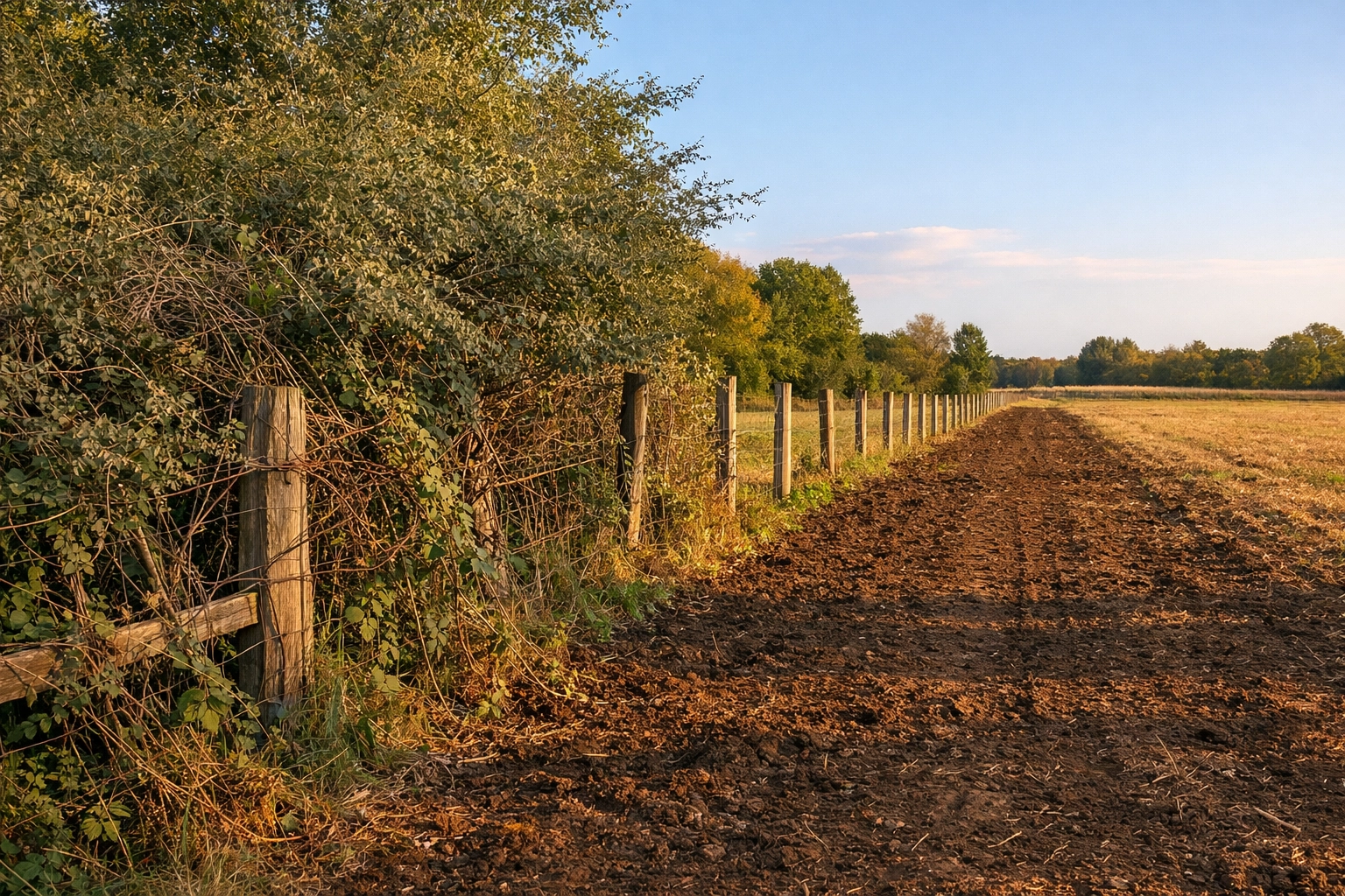 Before and after professional fencerow clearing in Michigan showing removal of invasive brush and vines.