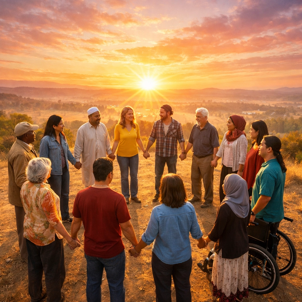Diverse believers standing together in unity circle for community reconciliation