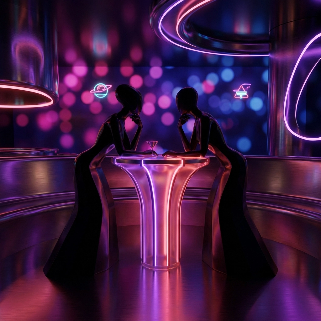 Two people sit at a neon-lit table deeply engaged in an intimate conversation about BDSM boundaries and negotiation.