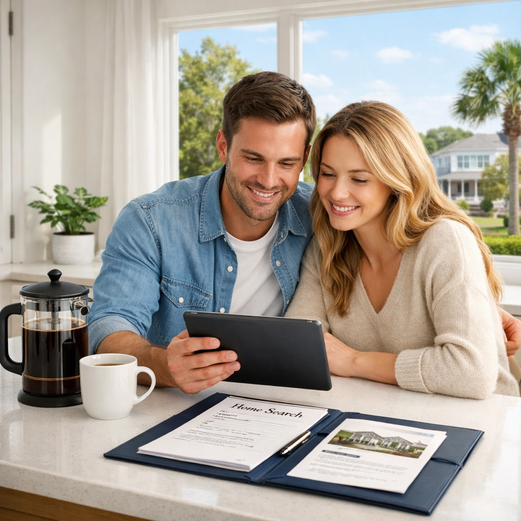 A couple happily searching for Columbia SC homes on a tablet in a sunlit, modern kitchen.