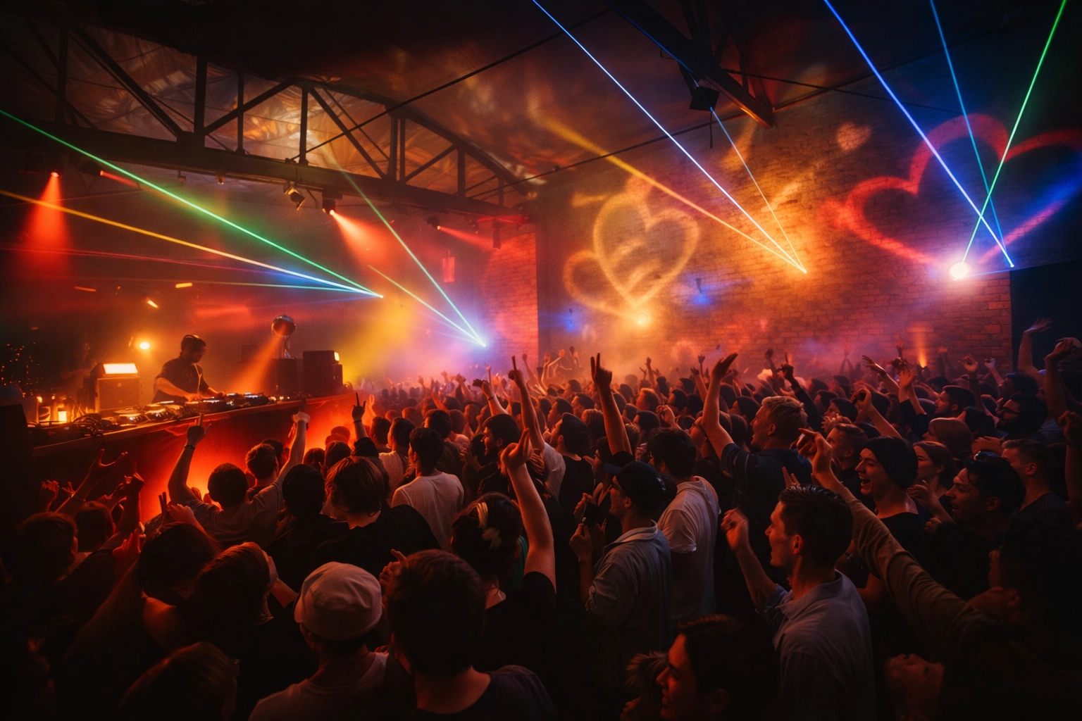 High-energy dance floor with DJ and vibrant lighting in an industrial-chic venue