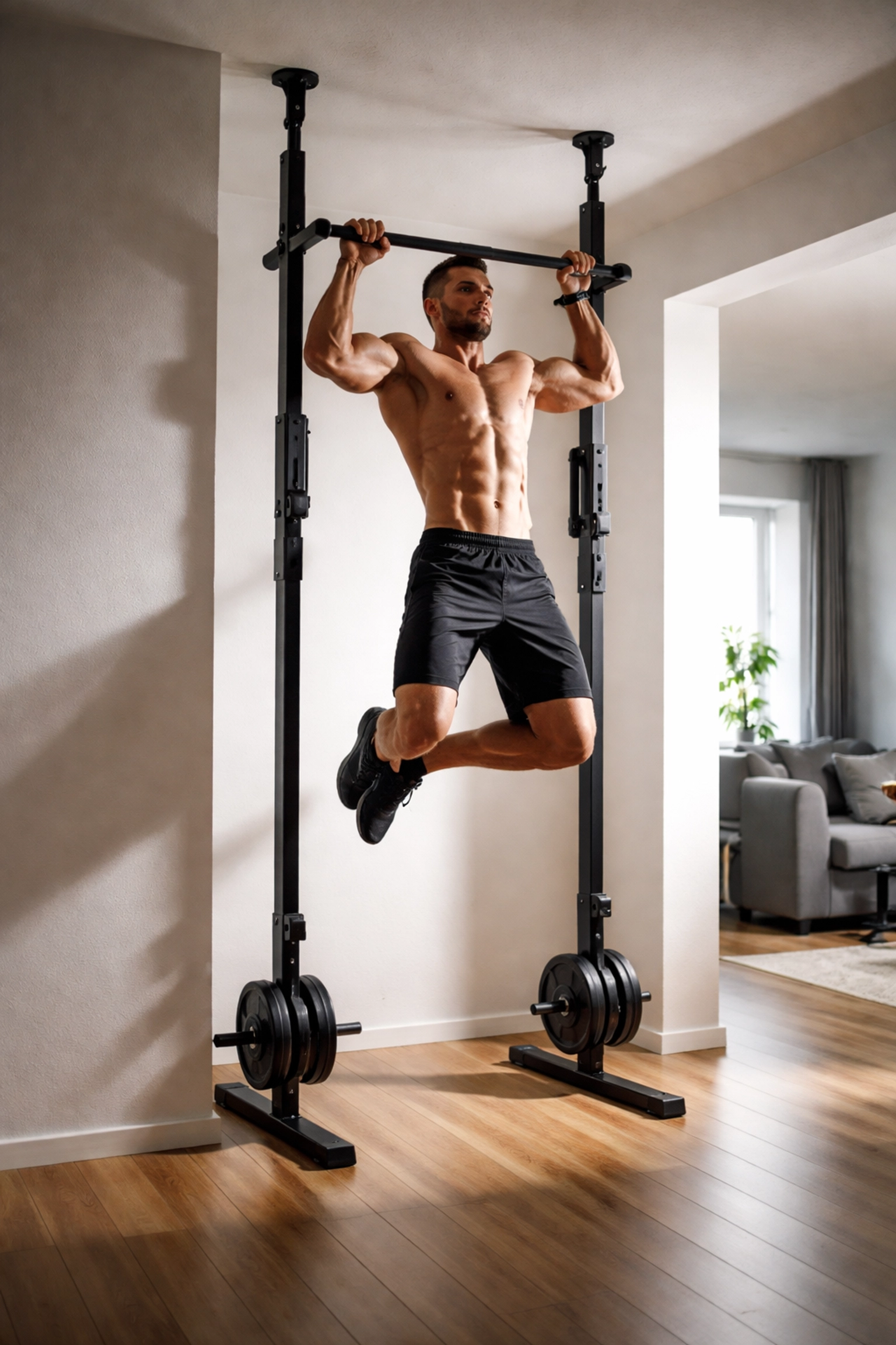 Athlete performing pull-up on a floor-to-ceiling gym system in a modern apartment with no wall damage.