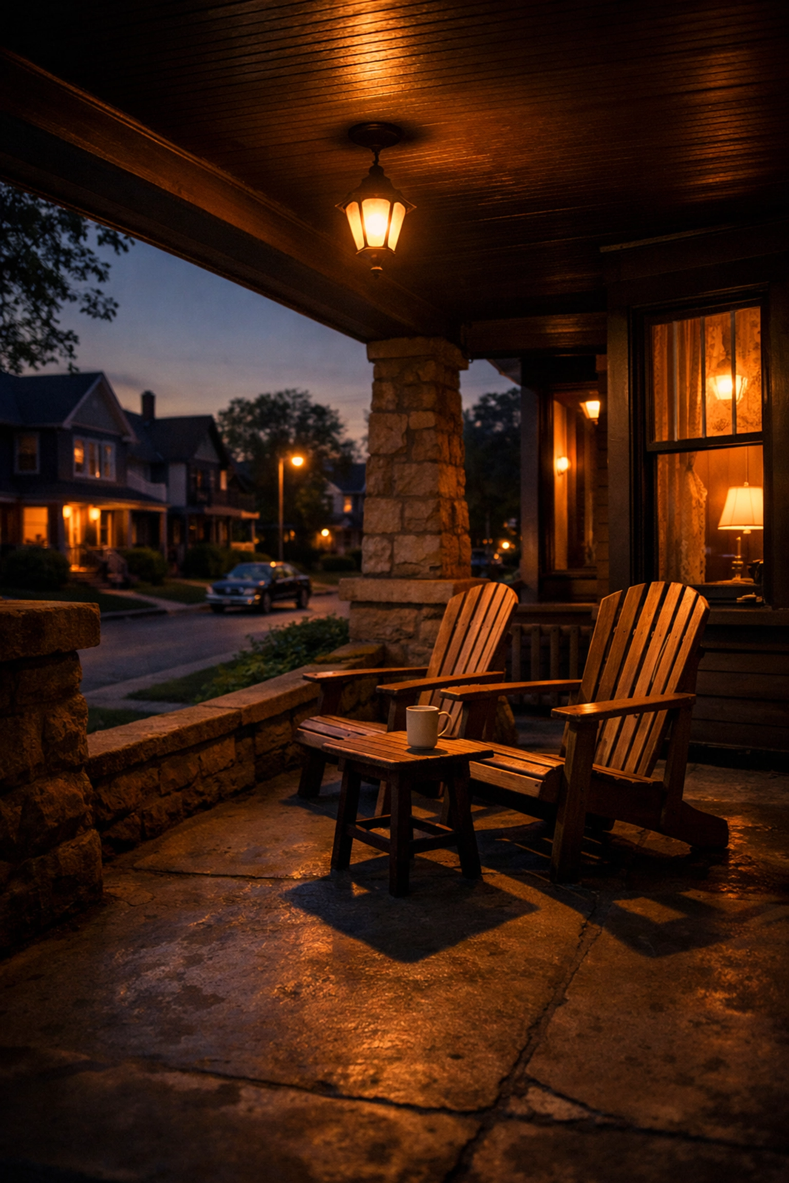 Inviting stone front porch of a Detroit home at twilight, showing the reward of proper home insurance.