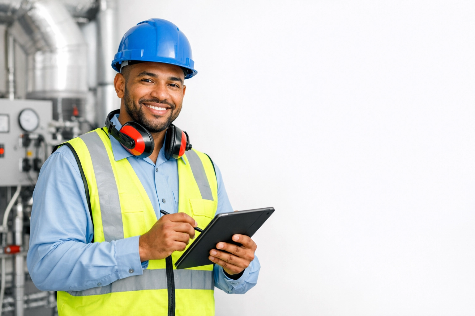 NATE-certified technician reviewing a digital checklist for a professional air conditioning installation in Florida.