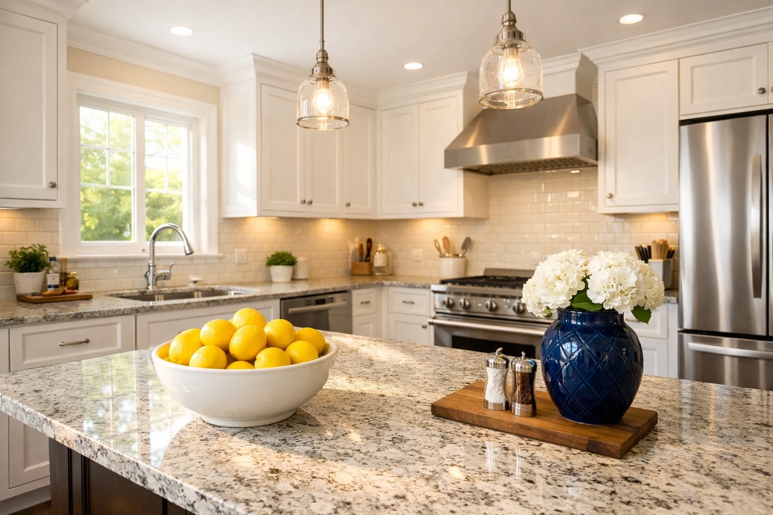 Spotless high-end kitchen with white cabinets cleaned by a professional maid service in Worcester.