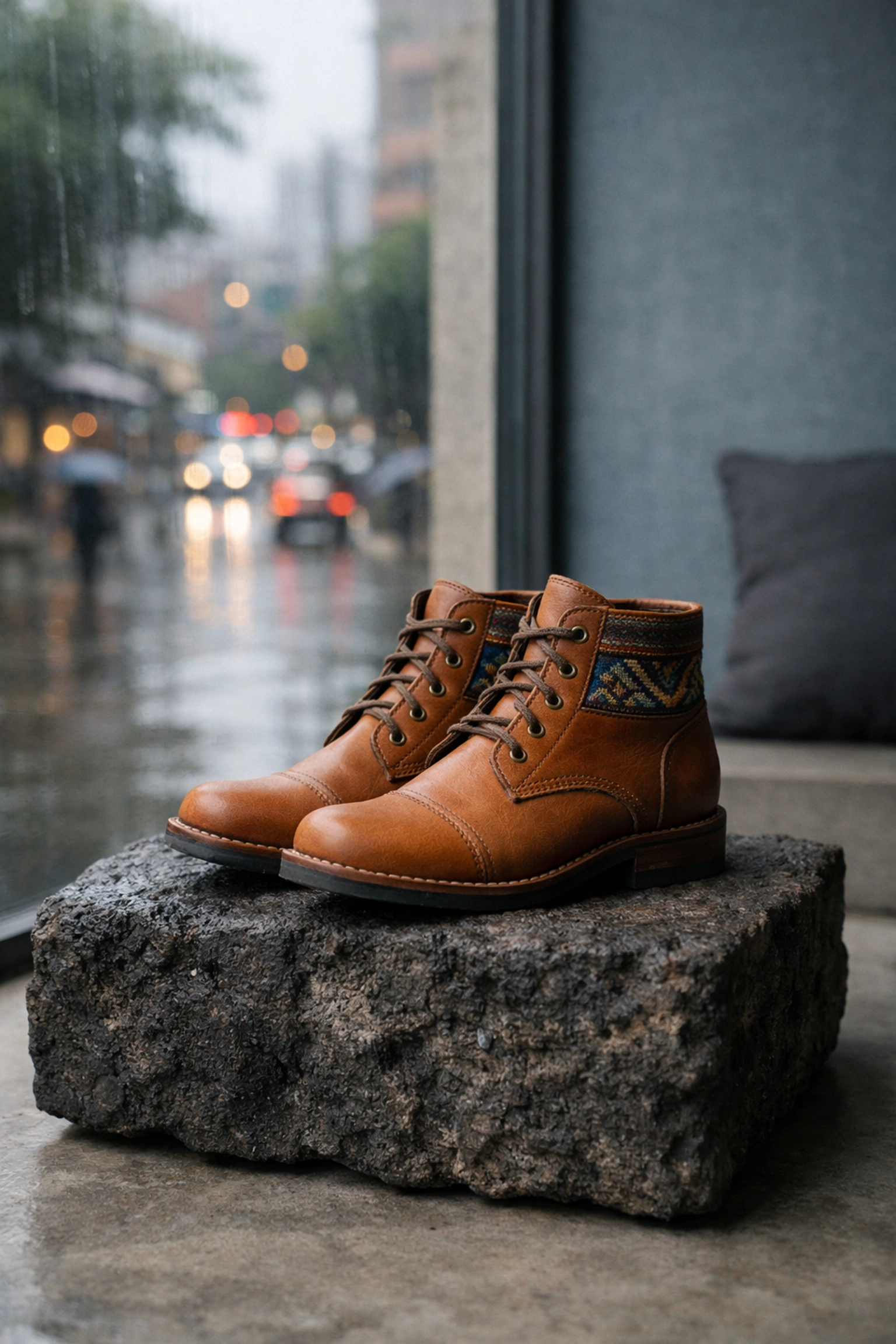 Handcrafted Teysha leather boots displayed on a stone plinth in a minimalist Medellín showroom.