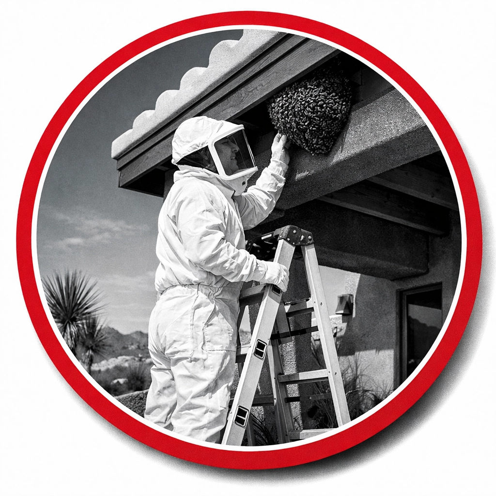Expert bee removal technician safely inspecting a hive in the eaves of a Coolidge home.