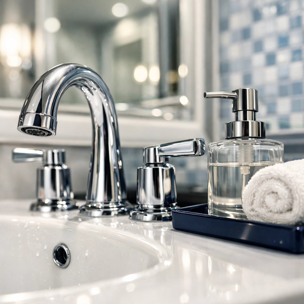 Detailed shot of a sanitized bathroom sink from top apartment cleaning in Boston Massachusetts.