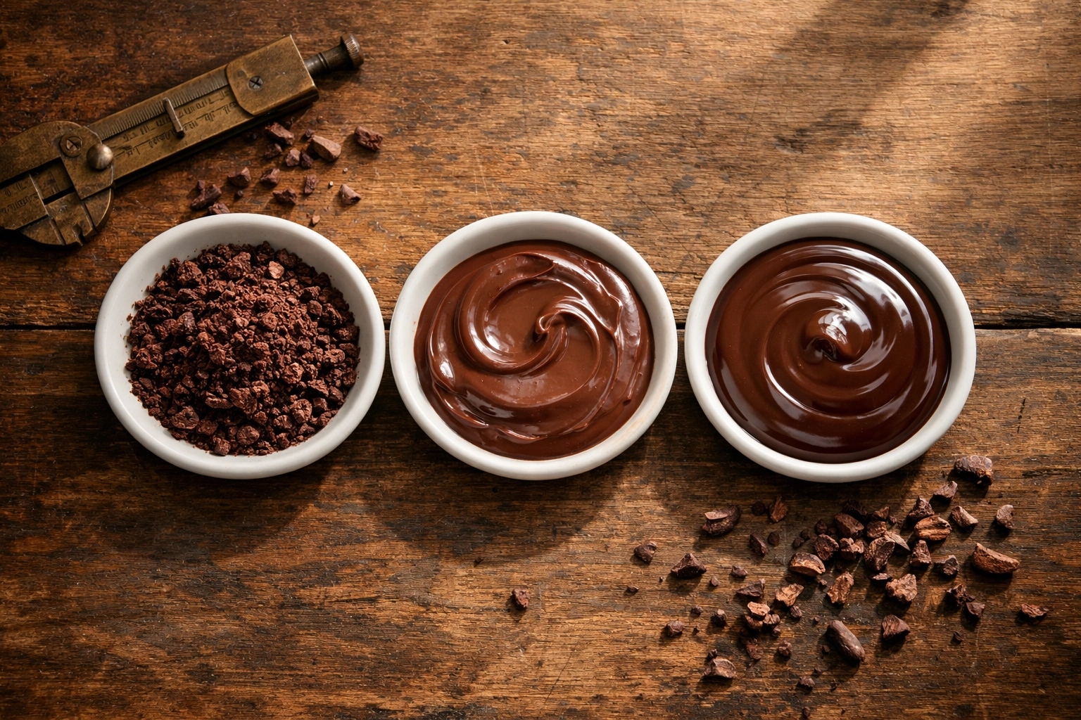 Three dishes comparing chocolate particle sizes from coarse to perfectly refined smooth texture