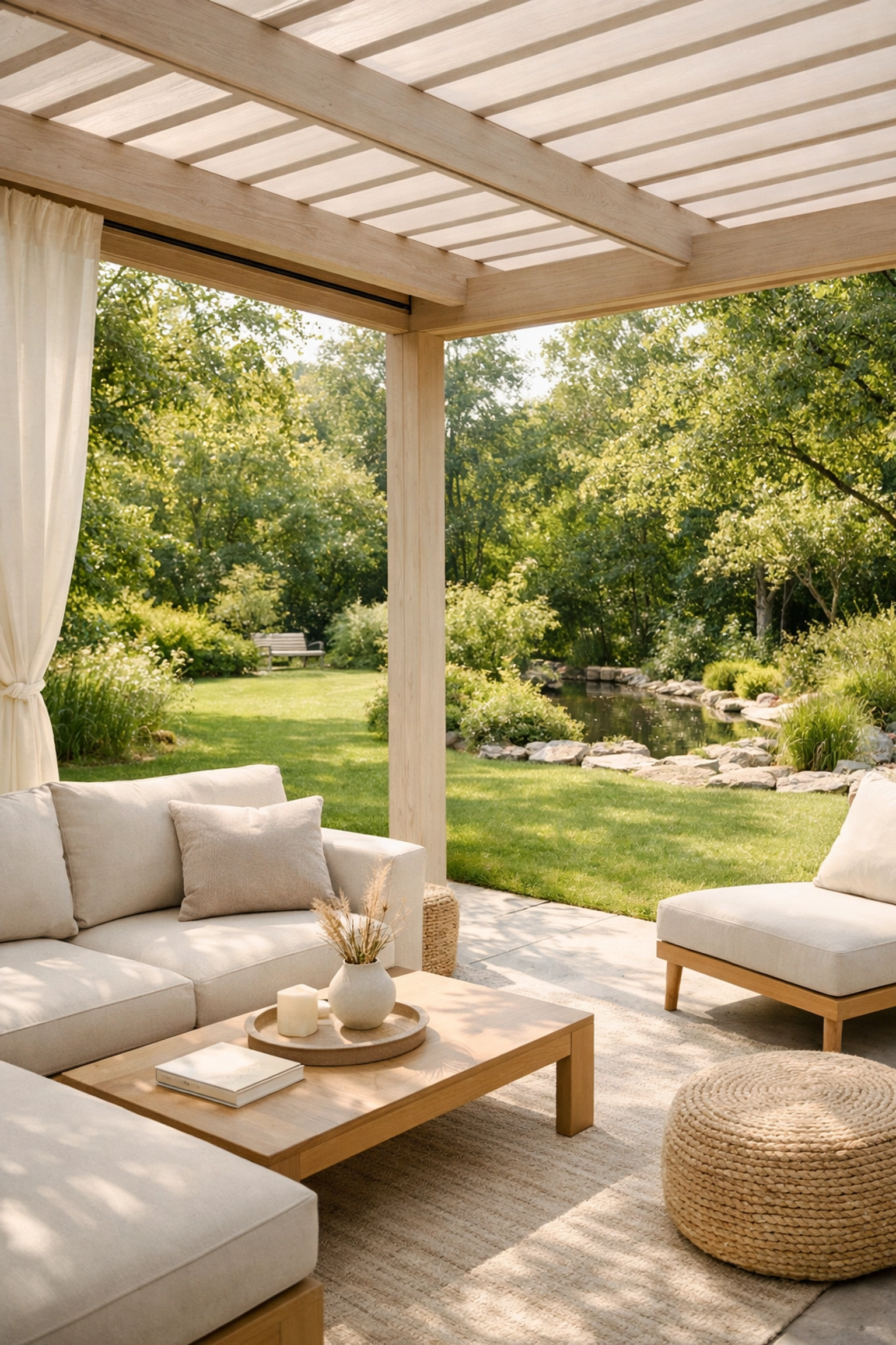 Blick von einer modernen Terrassenüberdachung in Wien auf einen grünen Garten mit Lounge-Möbeln.