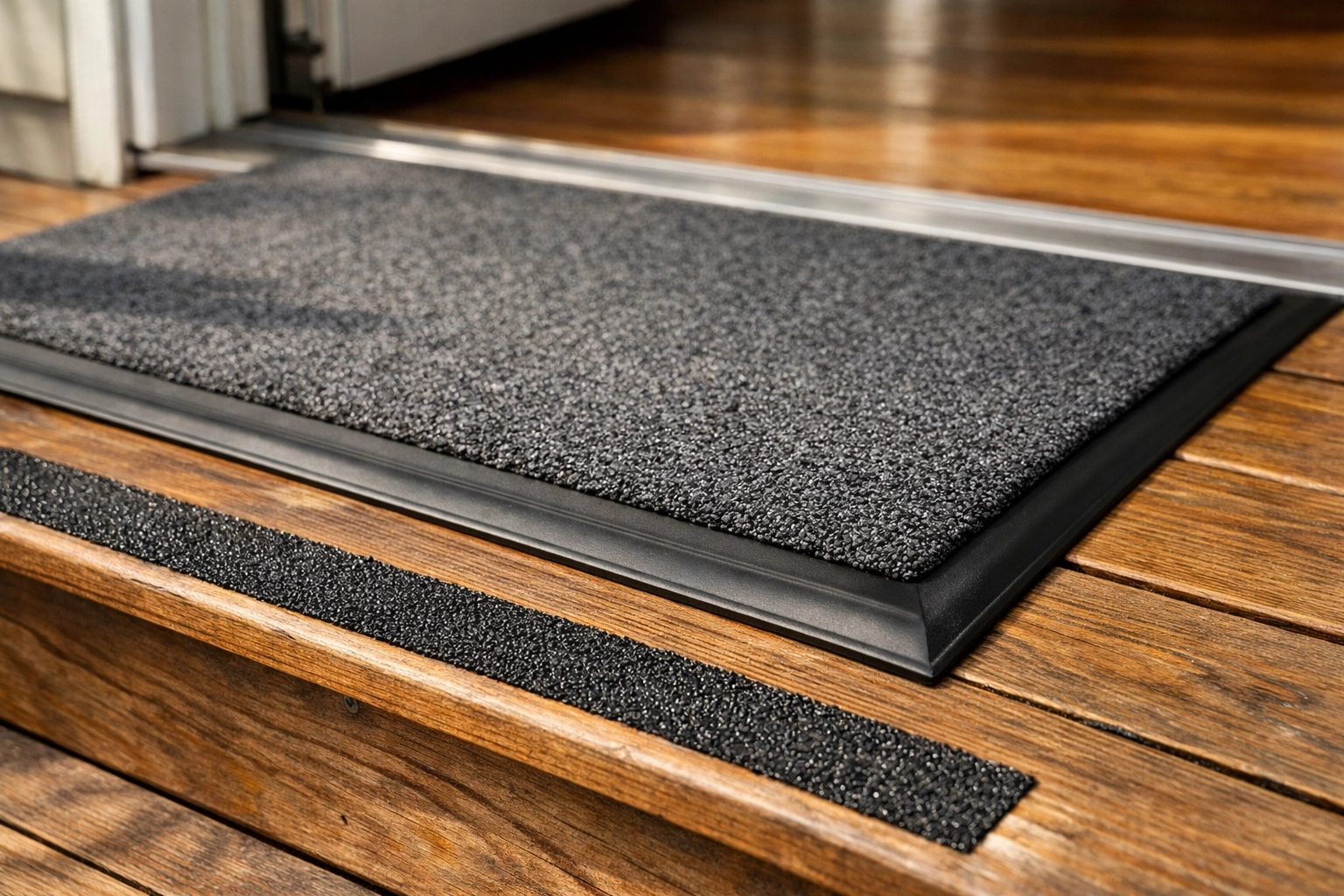 Close-up of wooden steps with black non-slip grit tape and a heavy-duty entry mat for better traction.