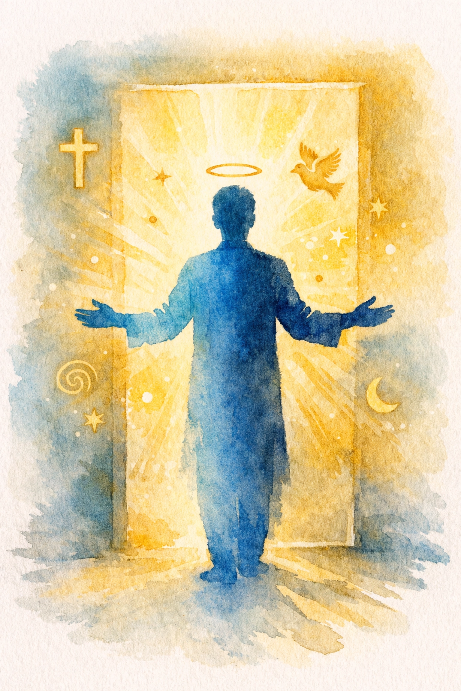 Church greeter with open welcoming body language standing in doorway with morning light