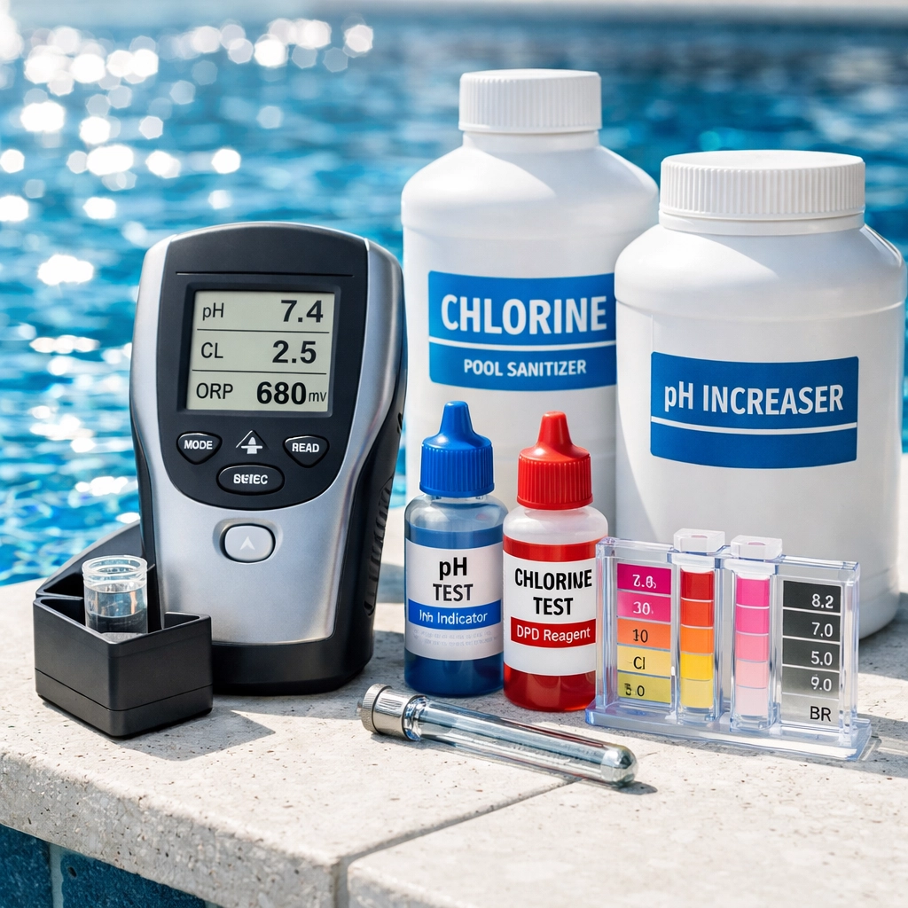 Professional water testing equipment and chemicals used for accurate pool route valuation.